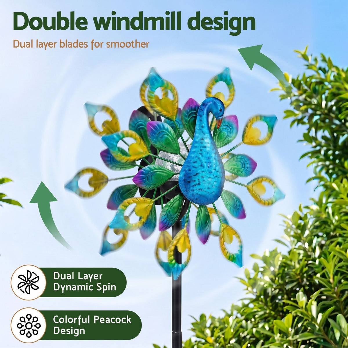 Garden Windmill Solar Light with Colourful Peacock Metal Spinner 190cm - Home & Garden > Decor > Garden Ornaments - Rivercity House & Home Co. (ABN 18 642 972 209) - Affordable Modern Furniture Australia