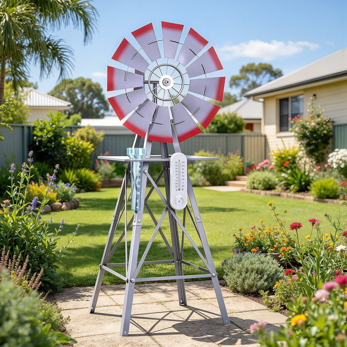 Garden Windmill Weather Station with Rain Gauge and Temperature Humidity Display 122cm - Silver - Home & Garden > Decor > Garden Ornaments - Rivercity House & Home Co. (ABN 18 642 972 209) - Affordable Modern Furniture Australia