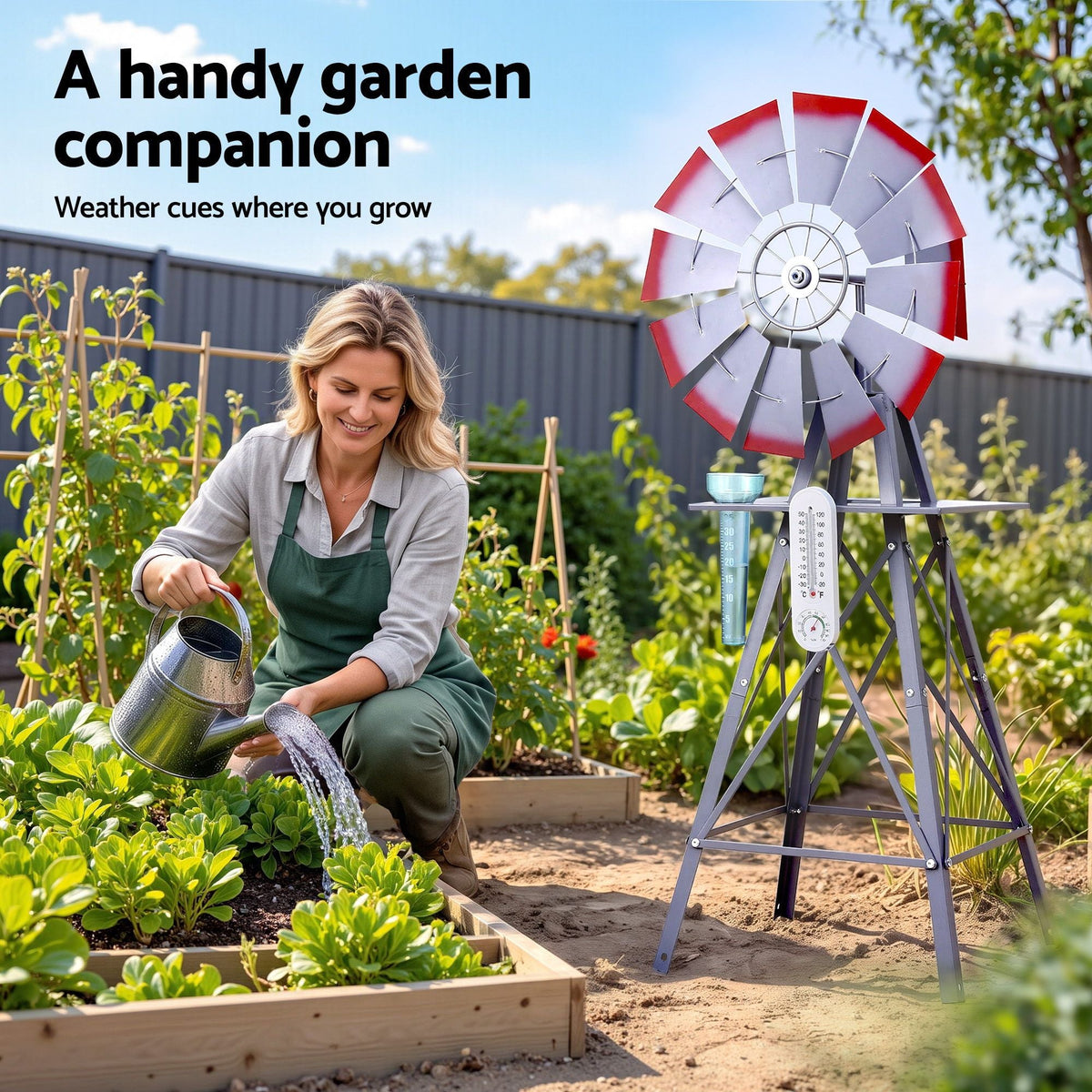 Garden Windmill Weather Station with Rain Gauge and Temperature Humidity Display 122cm - Silver - Home & Garden > Decor > Garden Ornaments - Rivercity House & Home Co. (ABN 18 642 972 209) - Affordable Modern Furniture Australia
