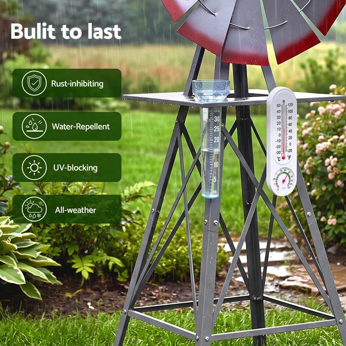 Garden Windmill Weather Station with Rain Gauge and Temperature Humidity Display 122cm - Silver - Home & Garden > Decor > Garden Ornaments - Rivercity House & Home Co. (ABN 18 642 972 209) - Affordable Modern Furniture Australia
