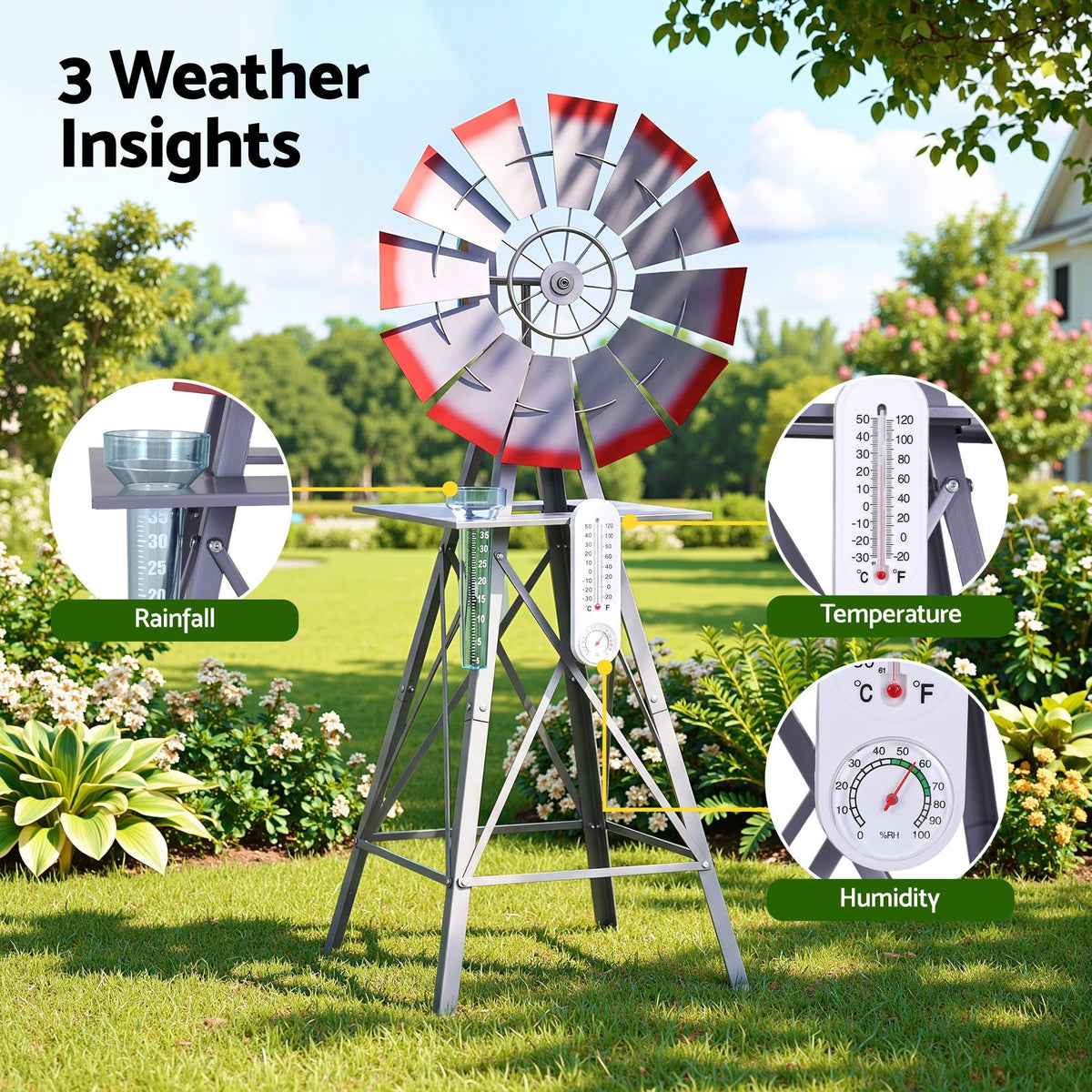 Garden Windmill Weather Station with Rain Gauge and Temperature Humidity Display 122cm - Silver - Home & Garden > Decor > Garden Ornaments - Rivercity House & Home Co. (ABN 18 642 972 209) - Affordable Modern Furniture Australia