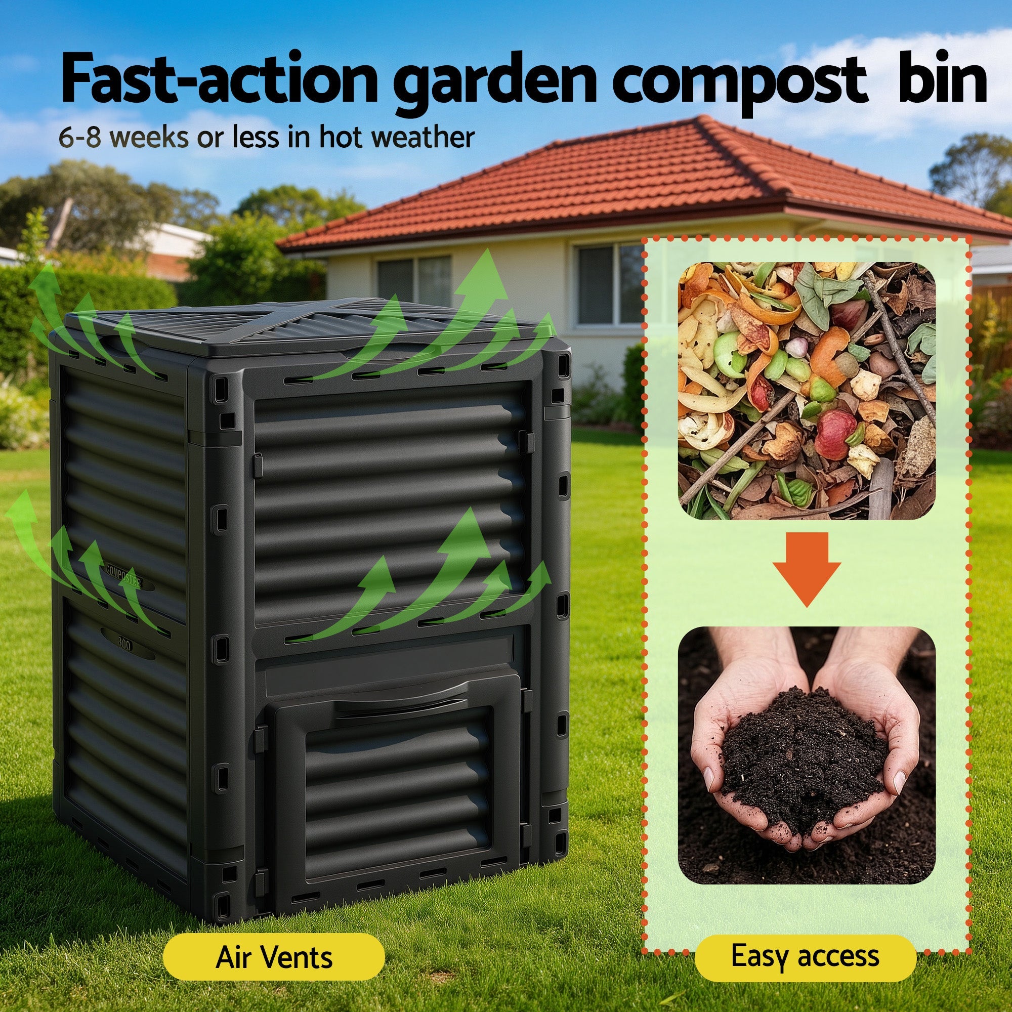 Gardeon Compost Bin 300L Heavy - Duty Black Outdoor Composter with Top Lid Bottom Door - Home & Garden > Garden Tools > Gardening Accessories - Rivercity House & Home Co. (ABN 18 642 972 209) - Affordable Modern Furniture Australia