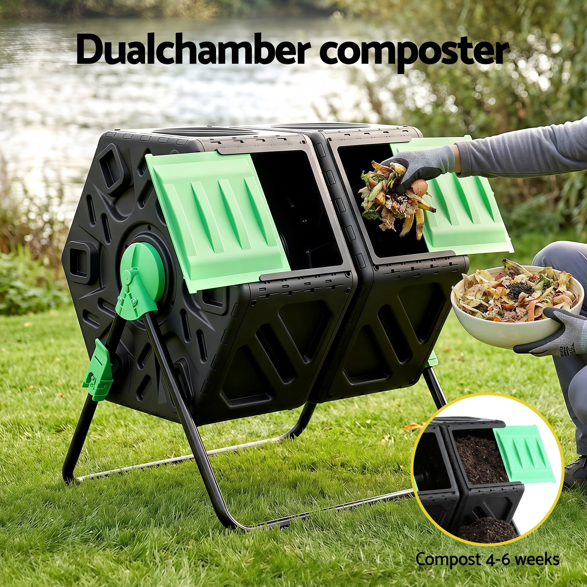 Gardeon Compost Bin Dual - Chamber 130L Composter Tumbler Rotating Garden Recycle Food Waste - Home & Garden > Garden Tools > Gardening Accessories - Rivercity House & Home Co. (ABN 18 642 972 209) - Affordable Modern Furniture Australia