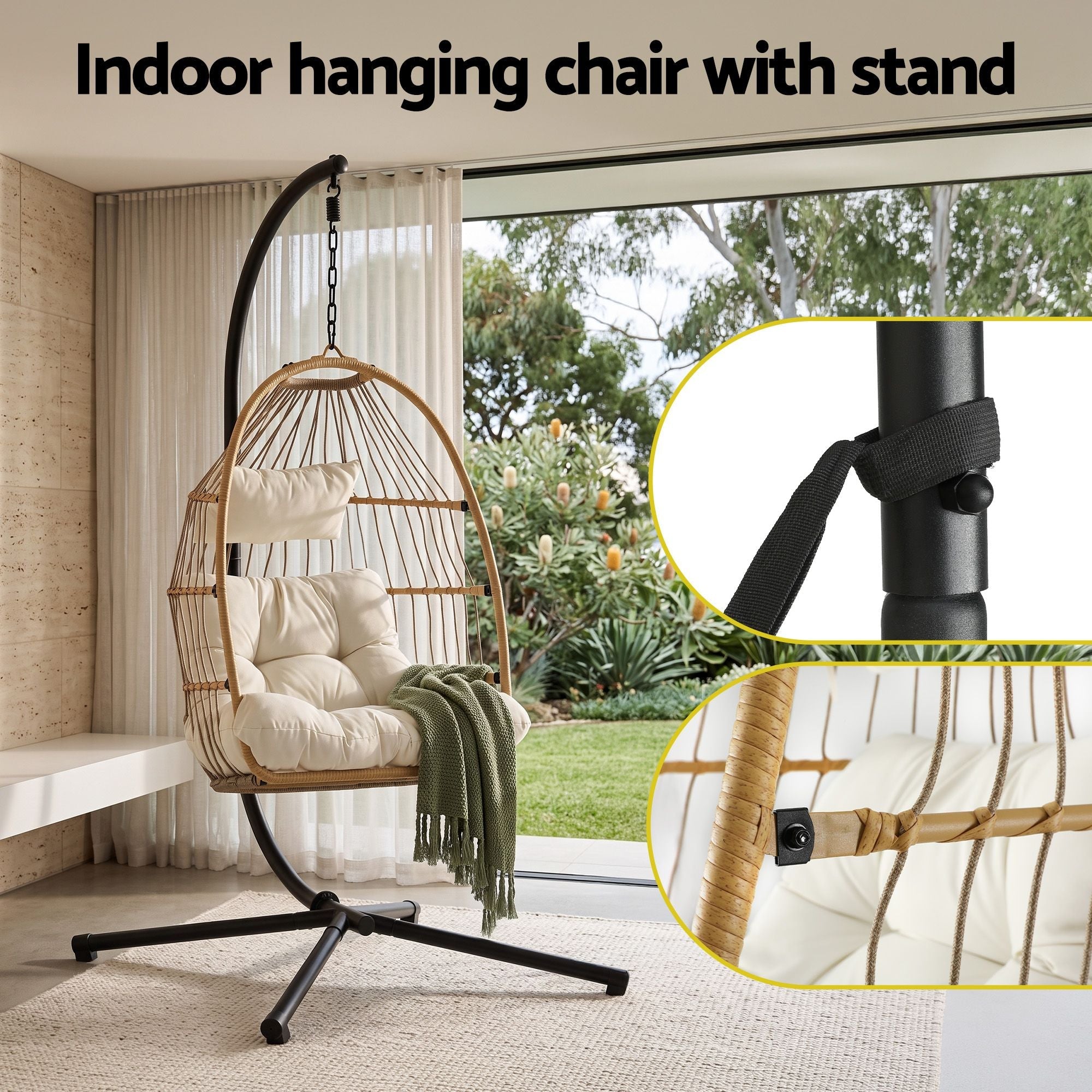 Gardeon Foldable Outdoor Swing Chair with Stand and Cushion - Latte - Furniture > Outdoor > Outdoor Chairs - Rivercity House & Home Co. (ABN 18 642 972 209) - Affordable Modern Furniture Australia