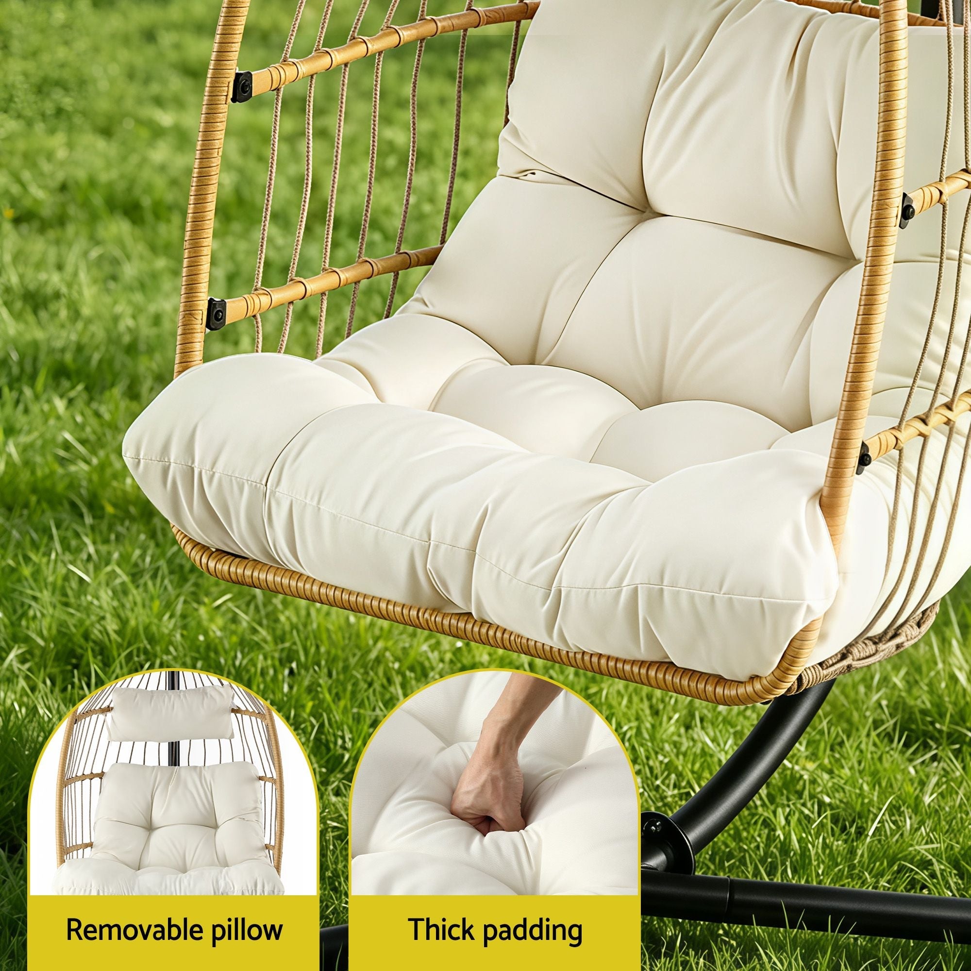 Gardeon Foldable Outdoor Swing Chair with Stand and Cushion - Latte - Furniture > Outdoor > Outdoor Chairs - Rivercity House & Home Co. (ABN 18 642 972 209) - Affordable Modern Furniture Australia