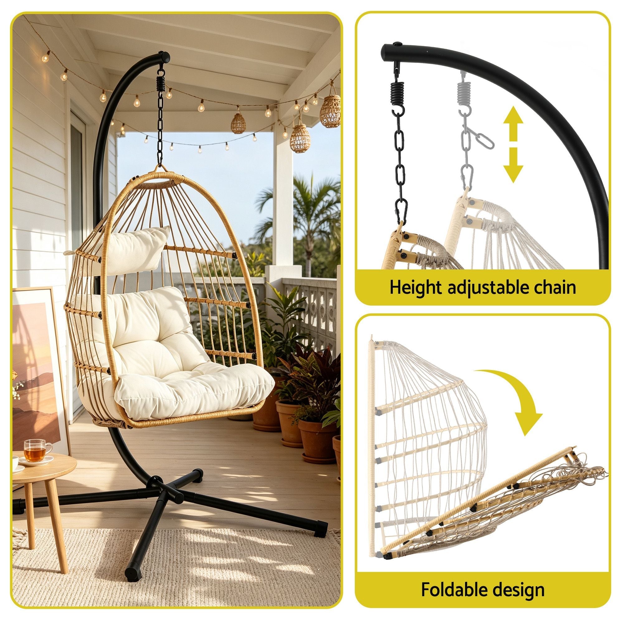 Gardeon Foldable Outdoor Swing Chair with Stand and Cushion - Latte - Furniture > Outdoor > Outdoor Chairs - Rivercity House & Home Co. (ABN 18 642 972 209) - Affordable Modern Furniture Australia