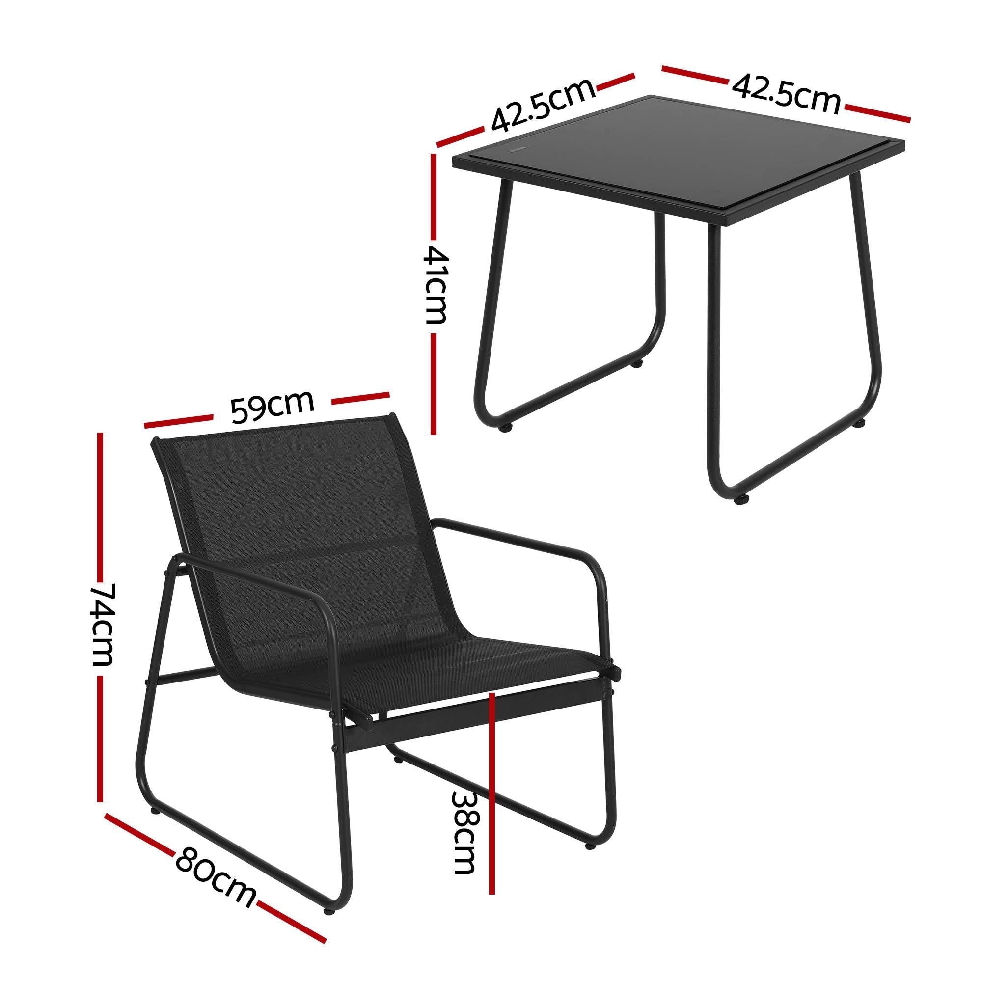 Gardeon Outdoor Bistro Set 3 Piece Patio Furniture with Textilene Chairs and Glass Table - Black - Furniture > Outdoor > Outdoor Dining Sets - Rivercity House & Home Co. (ABN 18 642 972 209) - Affordable Modern Furniture Australia