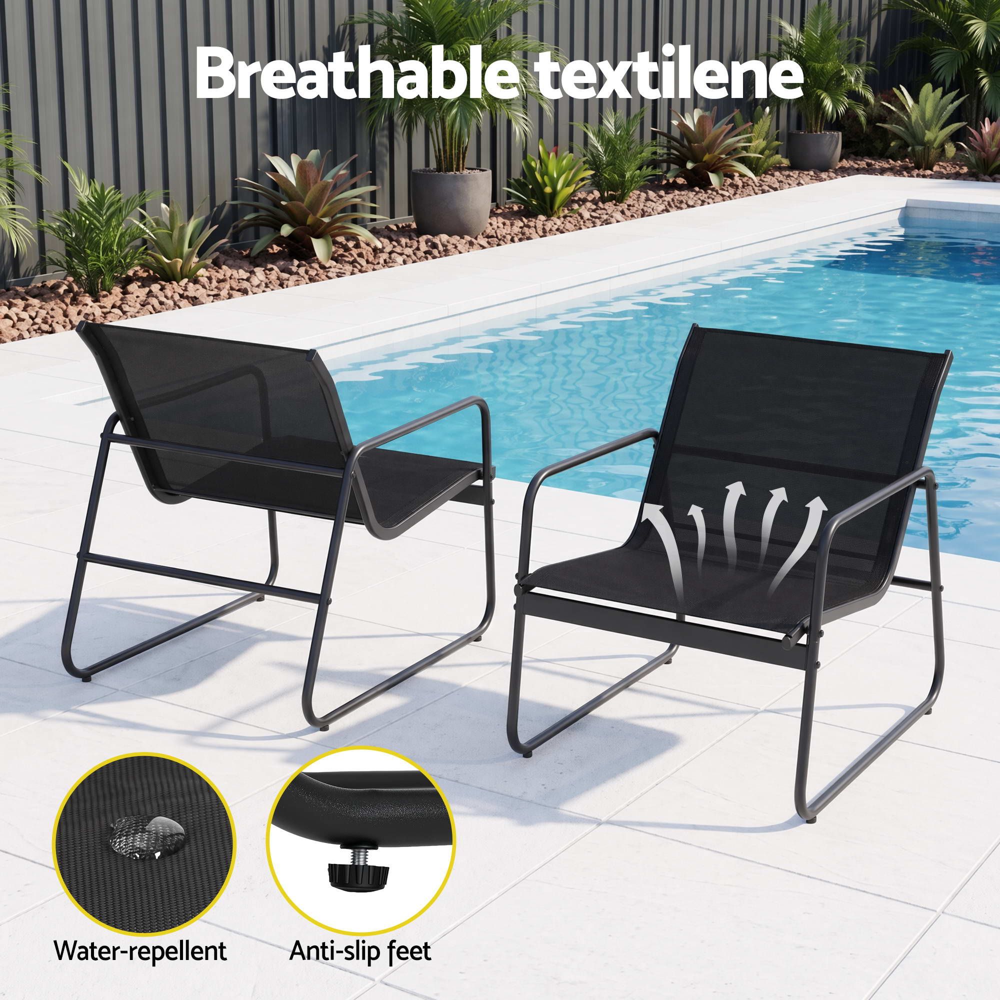 Gardeon Outdoor Bistro Set 3 Piece Patio Furniture with Textilene Chairs and Glass Table - Black - Furniture > Outdoor > Outdoor Dining Sets - Rivercity House & Home Co. (ABN 18 642 972 209) - Affordable Modern Furniture Australia