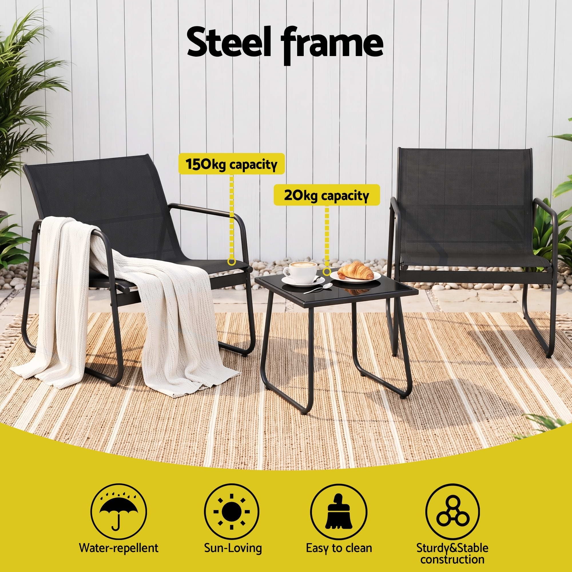 Gardeon Outdoor Bistro Set 3 Piece Patio Furniture with Textilene Chairs and Glass Table - Black - Furniture > Outdoor > Outdoor Dining Sets - Rivercity House & Home Co. (ABN 18 642 972 209) - Affordable Modern Furniture Australia