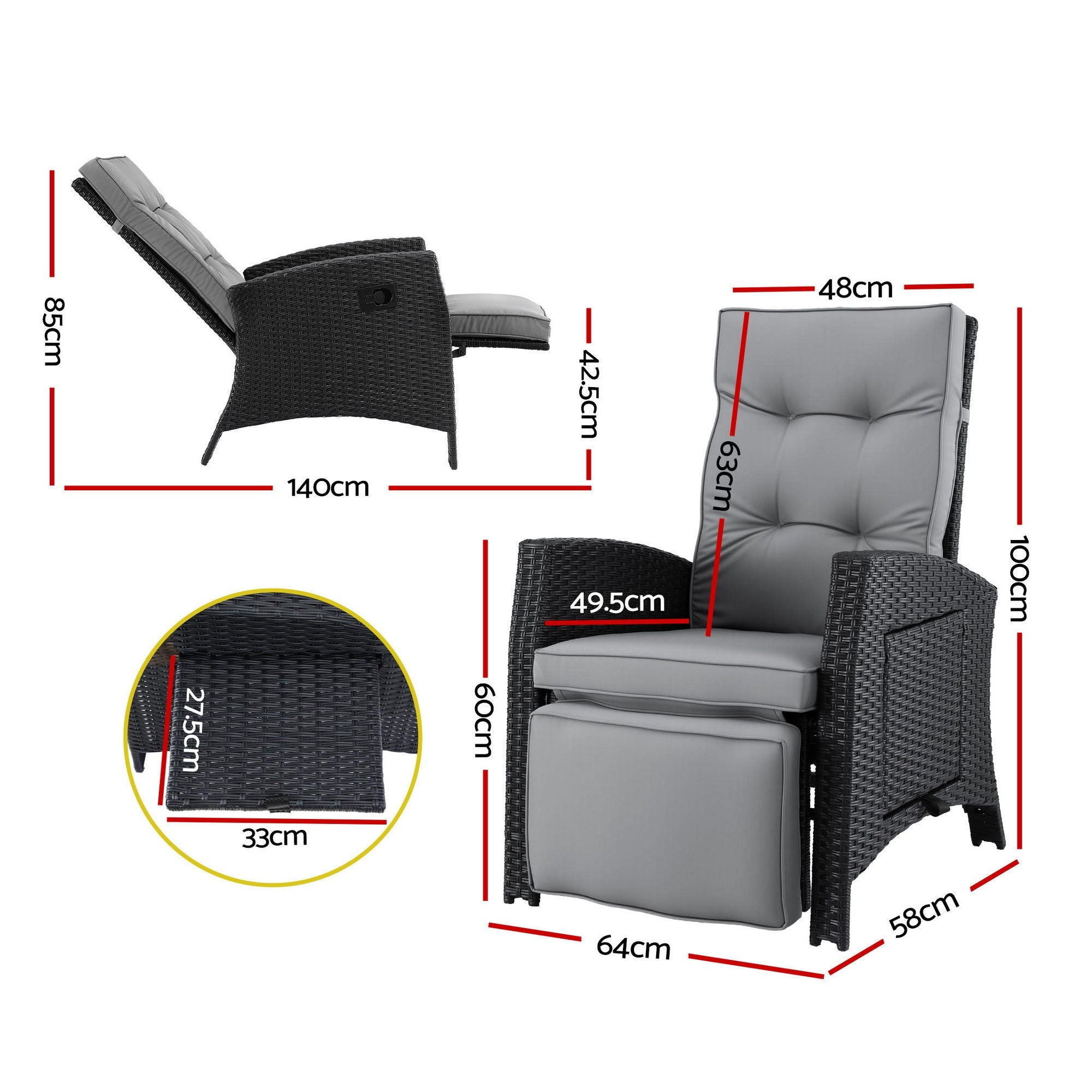 Gardeon Outdoor Recliner Chairs Sun lounge Wicker Lounger Patio Furniture Adjustable Black - Furniture > Outdoor > Outdoor Chairs - Rivercity House & Home Co. (ABN 18 642 972 209) - Affordable Modern Furniture Australia