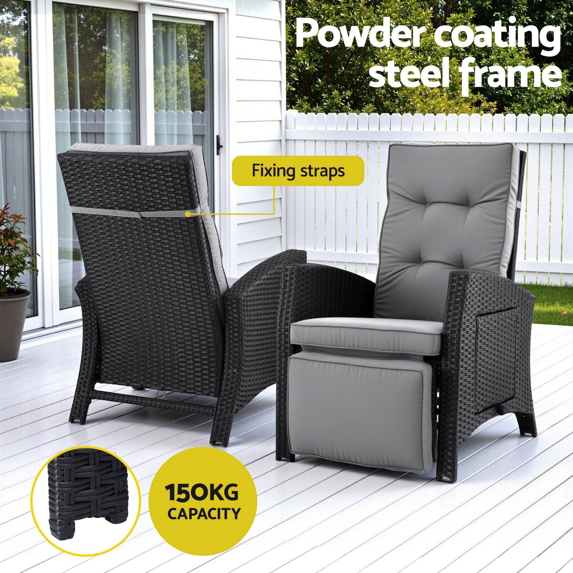 Gardeon Outdoor Recliner Chairs Sun lounge Wicker Lounger Patio Furniture Adjustable Black - Furniture > Outdoor > Outdoor Chairs - Rivercity House & Home Co. (ABN 18 642 972 209) - Affordable Modern Furniture Australia