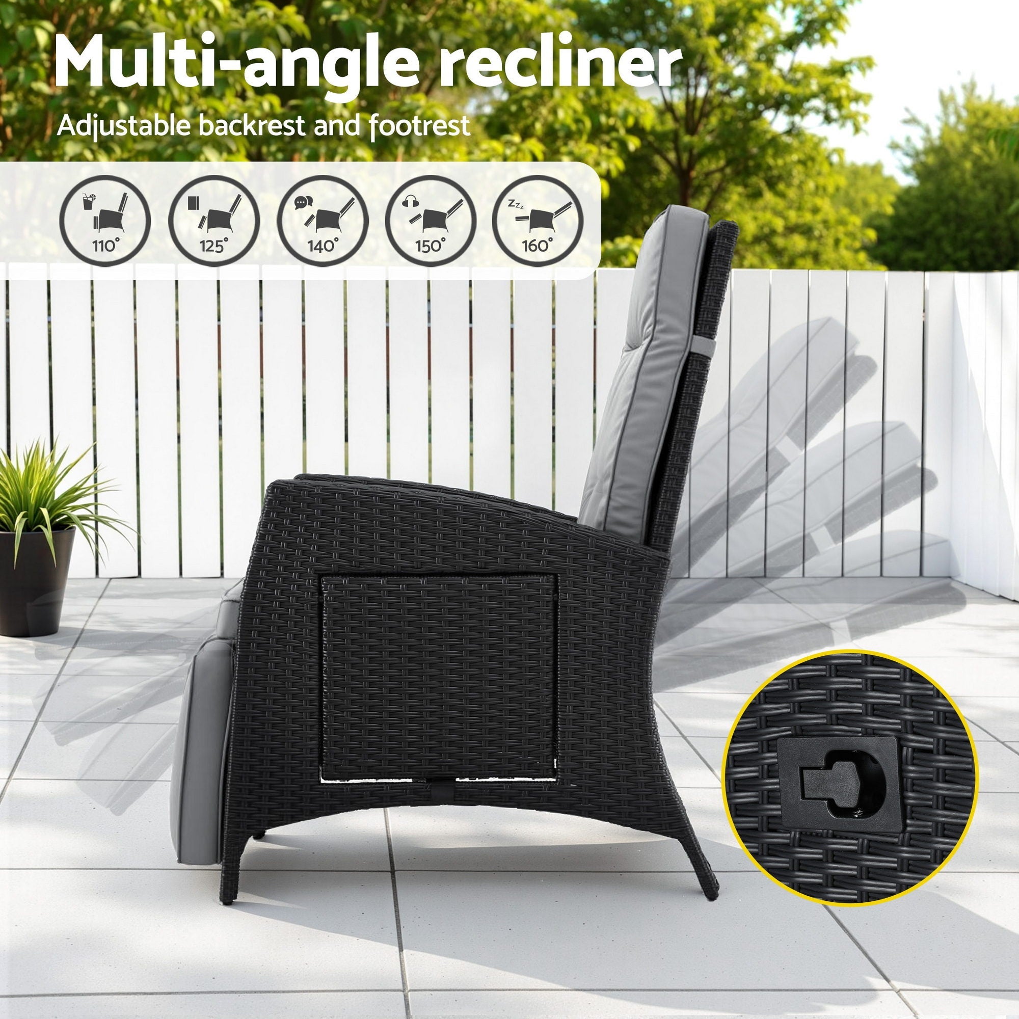 Gardeon Outdoor Recliner Chairs Sun lounge Wicker Lounger Patio Furniture Adjustable Black - Furniture > Outdoor > Outdoor Chairs - Rivercity House & Home Co. (ABN 18 642 972 209) - Affordable Modern Furniture Australia