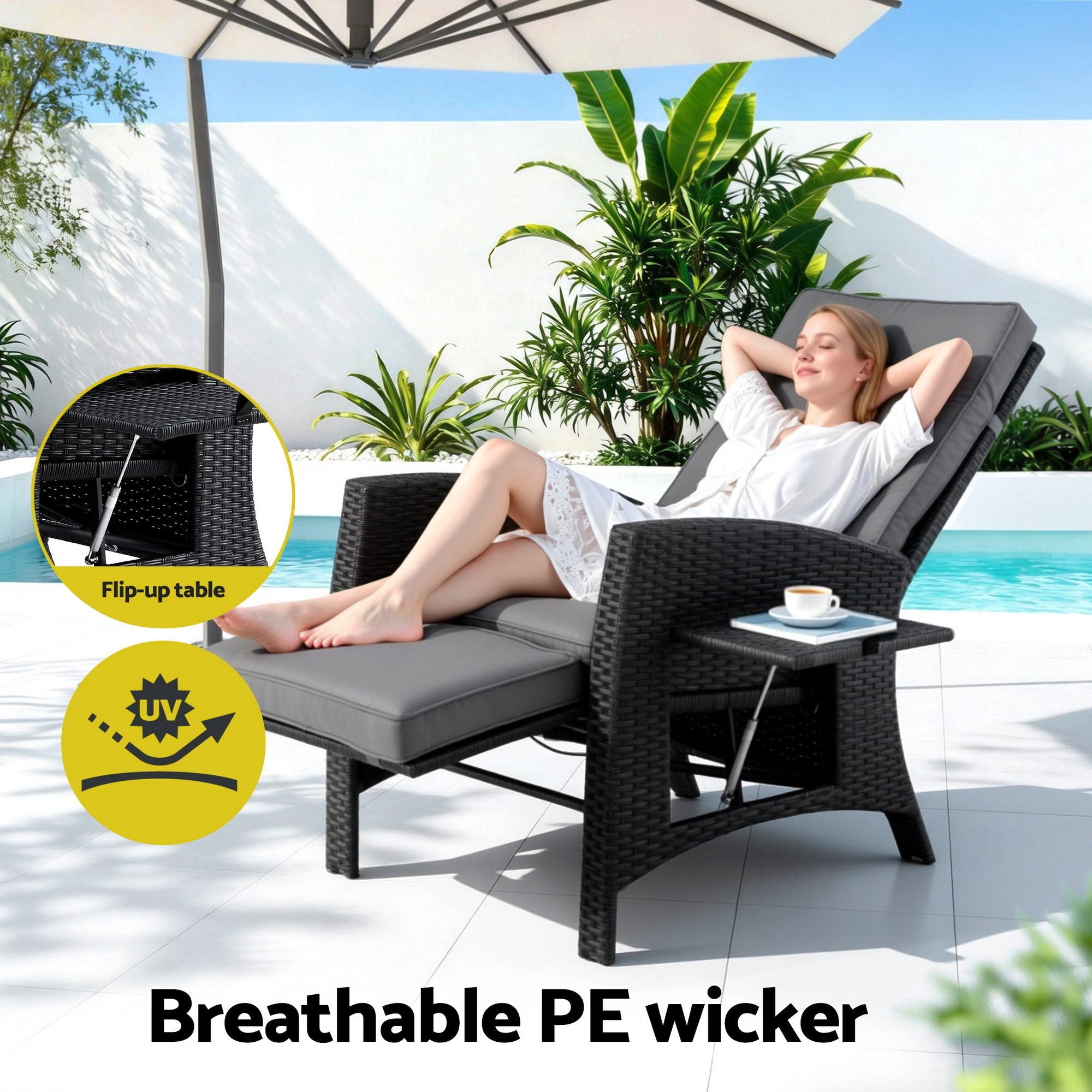 Gardeon Outdoor Recliner Chairs Sun lounge Wicker Lounger Patio Furniture Adjustable Black - Furniture > Outdoor > Outdoor Chairs - Rivercity House & Home Co. (ABN 18 642 972 209) - Affordable Modern Furniture Australia