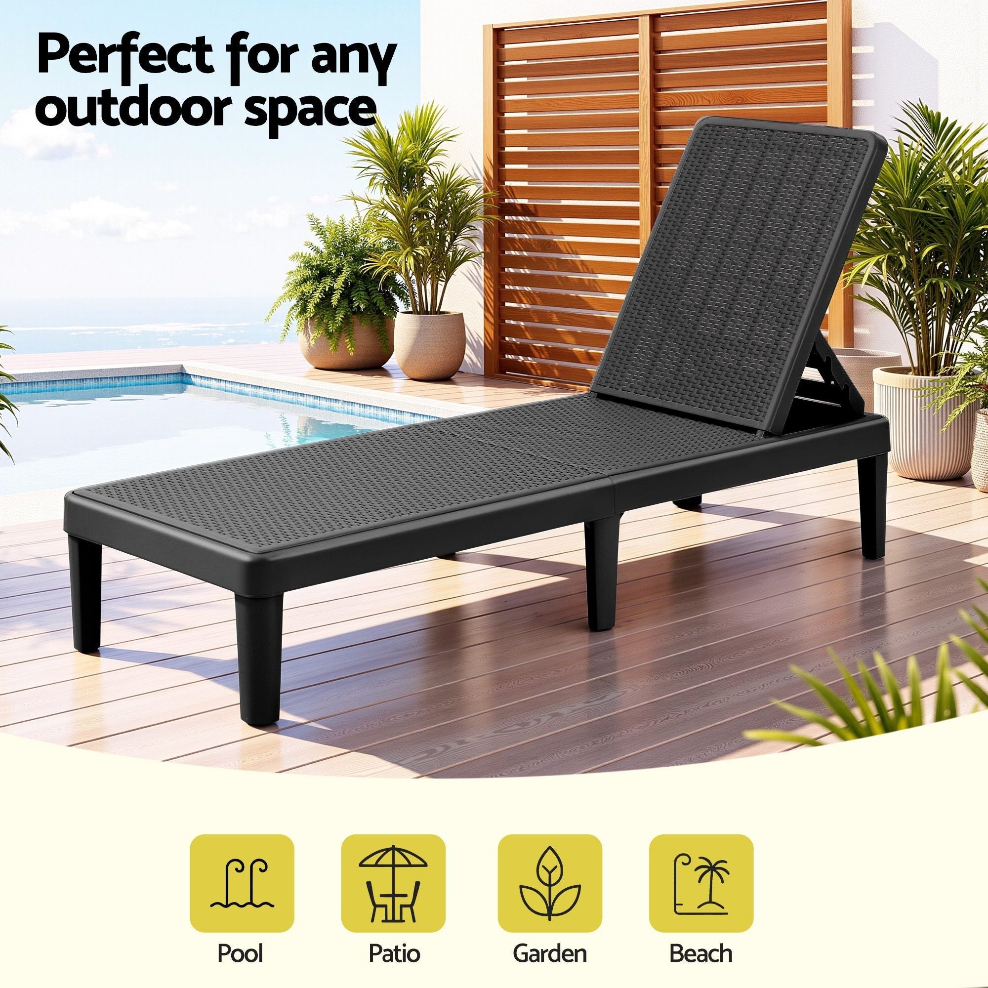 Gardeon Sun Lounge Adjustable Outdoor Lounger - Black - Furniture > Outdoor > Outdoor Chairs - Rivercity House & Home Co. (ABN 18 642 972 209) - Affordable Modern Furniture Australia