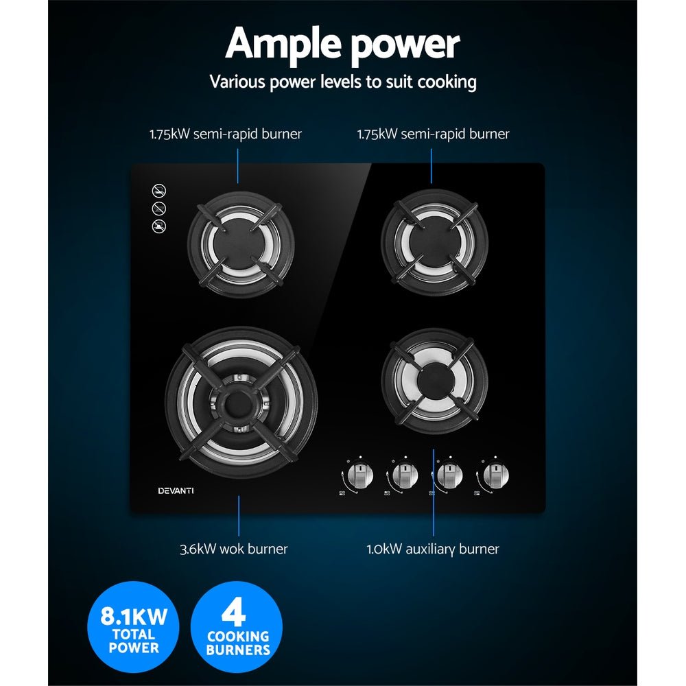 Gas Cooktop 60cm 4 Burner Black - Appliances > Kitchen Appliances > Cooktops & Stoves - Rivercity House & Home Co. (ABN 18 642 972 209) - Affordable Modern Furniture Australia