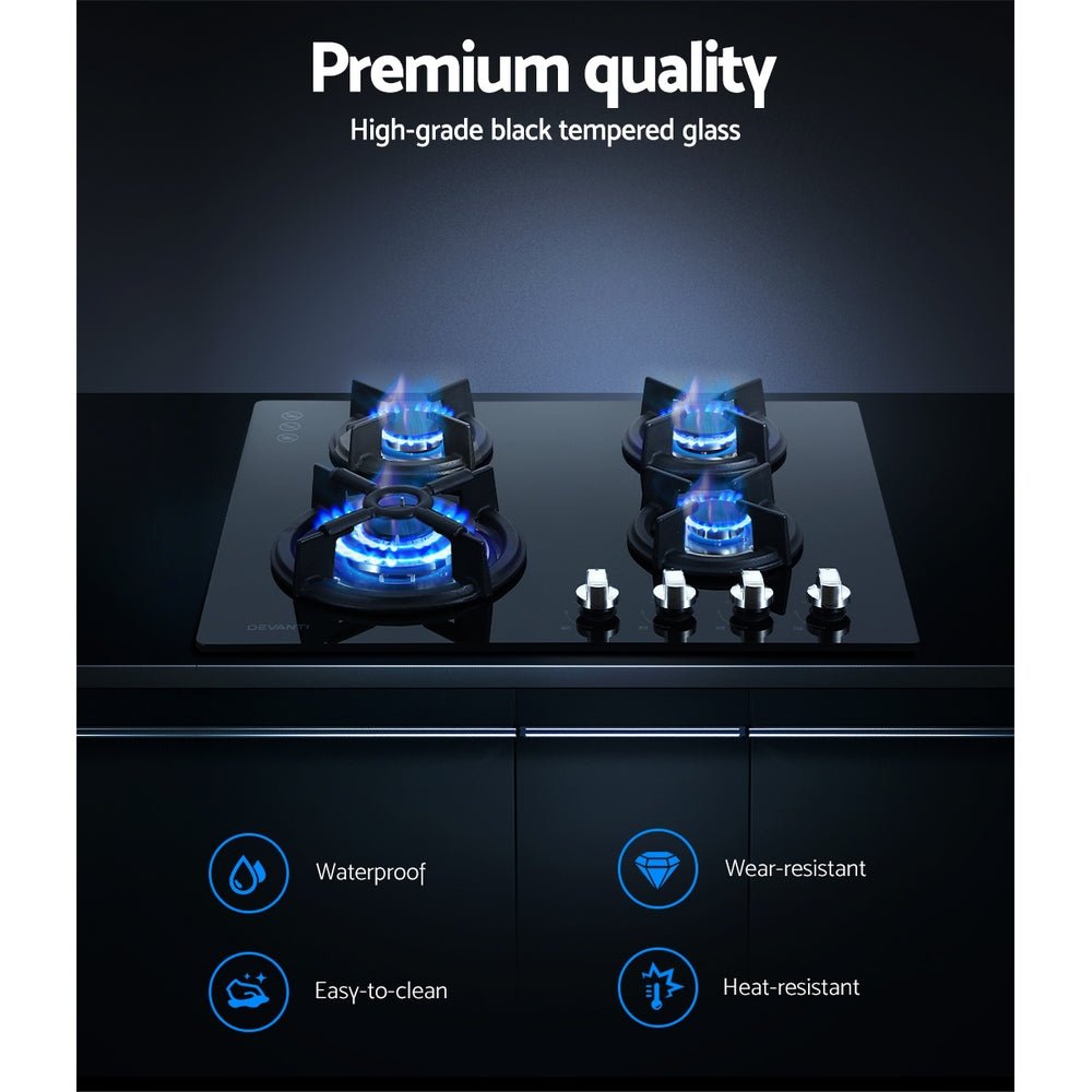Gas Cooktop 60cm 4 Burner Black - Appliances > Kitchen Appliances > Cooktops & Stoves - Rivercity House & Home Co. (ABN 18 642 972 209) - Affordable Modern Furniture Australia