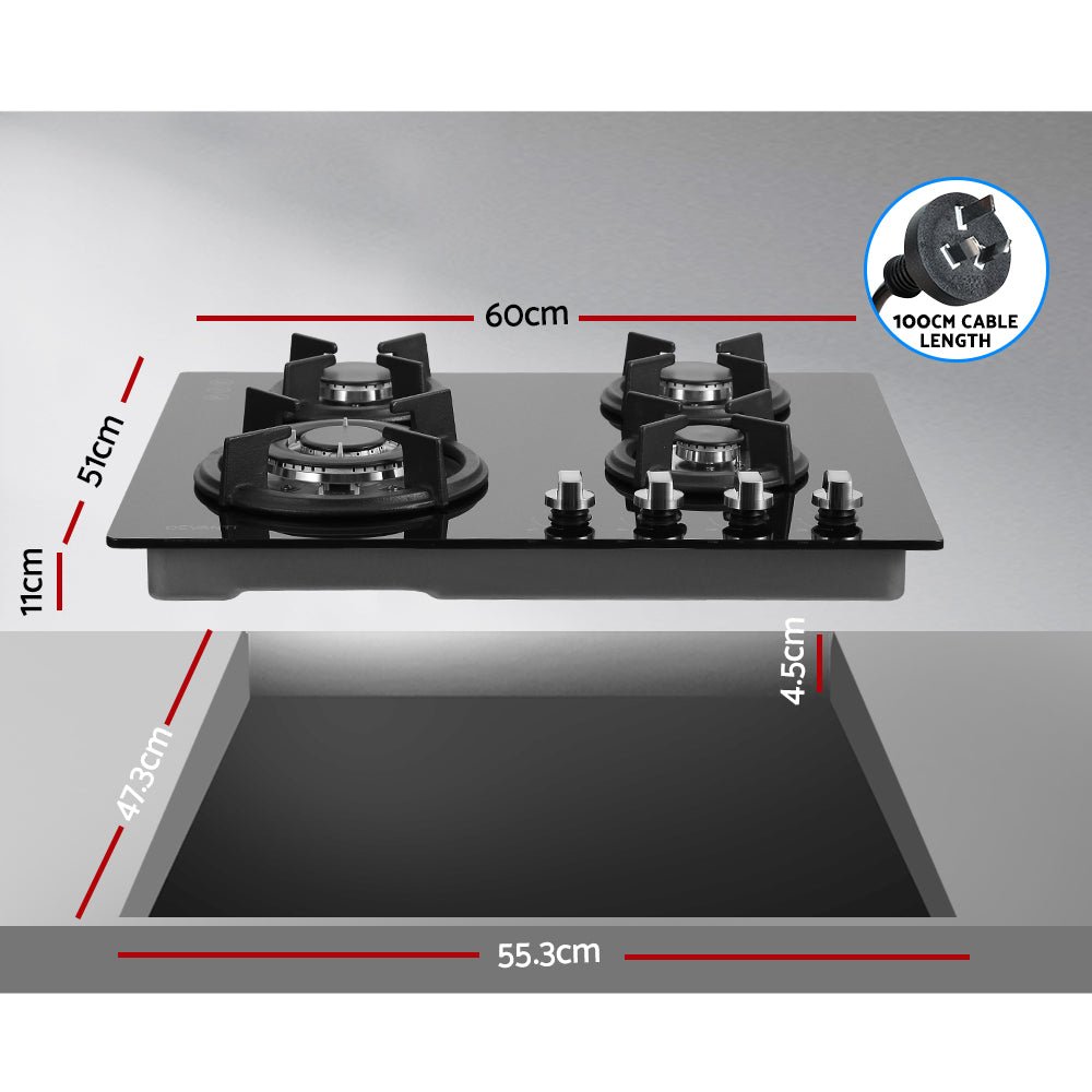 Gas Cooktop 60cm 4 Burner Black - Appliances > Kitchen Appliances > Cooktops & Stoves - Rivercity House & Home Co. (ABN 18 642 972 209) - Affordable Modern Furniture Australia