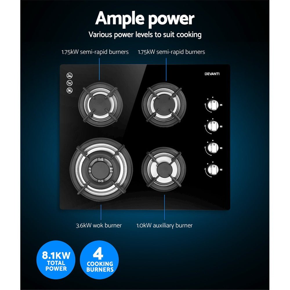 Gas Cooktop 60cm Stove Hob Black - Appliances > Kitchen Appliances > Cooktops & Stoves - Rivercity House & Home Co. (ABN 18 642 972 209) - Affordable Modern Furniture Australia
