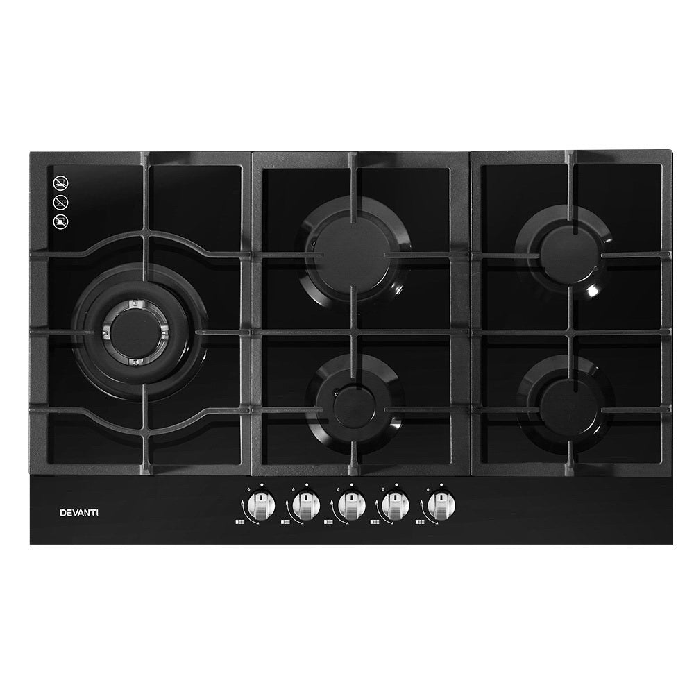 Gas Cooktop 90cm 5 Burner Black - Appliances > Kitchen Appliances > Cooktops & Stoves - Rivercity House & Home Co. (ABN 18 642 972 209) - Affordable Modern Furniture Australia