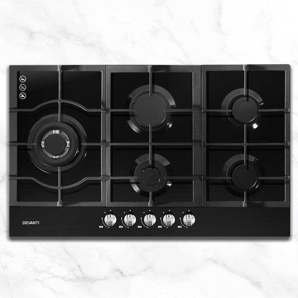 Gas Cooktop 90cm 5 Burner Black - Appliances > Kitchen Appliances > Cooktops & Stoves - Rivercity House & Home Co. (ABN 18 642 972 209) - Affordable Modern Furniture Australia