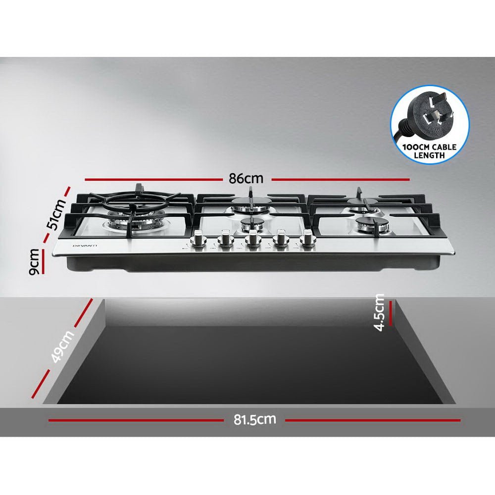 Gas Cooktop 90cm 5 Burner Silvir - Appliances > Kitchen Appliances > Cooktops & Stoves - Rivercity House & Home Co. (ABN 18 642 972 209) - Affordable Modern Furniture Australia