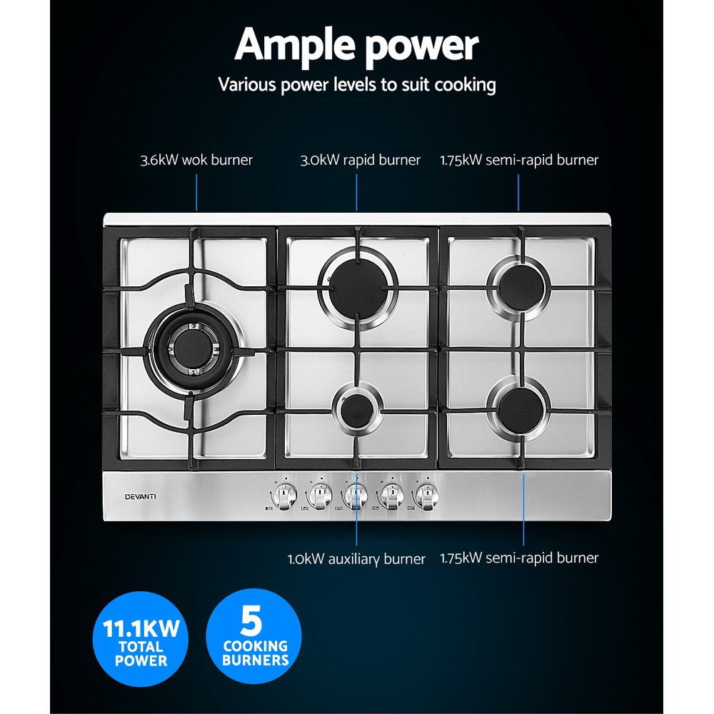 Gas Cooktop 90cm 5 Burner Silvir - Appliances > Kitchen Appliances > Cooktops & Stoves - Rivercity House & Home Co. (ABN 18 642 972 209) - Affordable Modern Furniture Australia