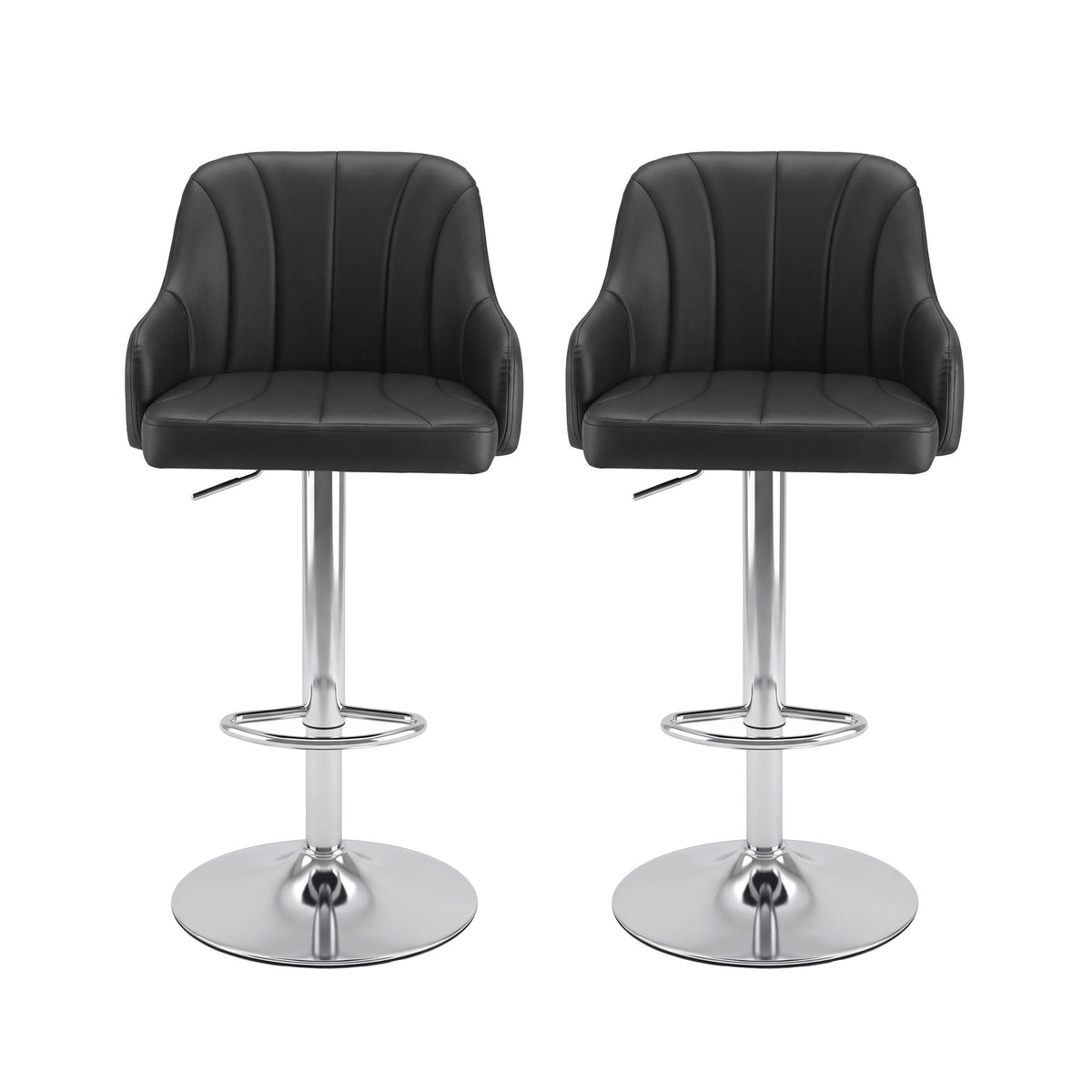 Gas Lift Adjustable Bar Stool with Curved Striped Backrest and PU Leather Seat - Black (Set of 2) - Furniture > Bar Stools & Chairs > Table & Bar Stools - Rivercity House & Home Co. (ABN 18 642 972 209) - Affordable Modern Furniture Australia