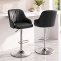 Gas Lift Adjustable Bar Stool with Curved Striped Backrest and PU Leather Seat - Black (Set of 2)