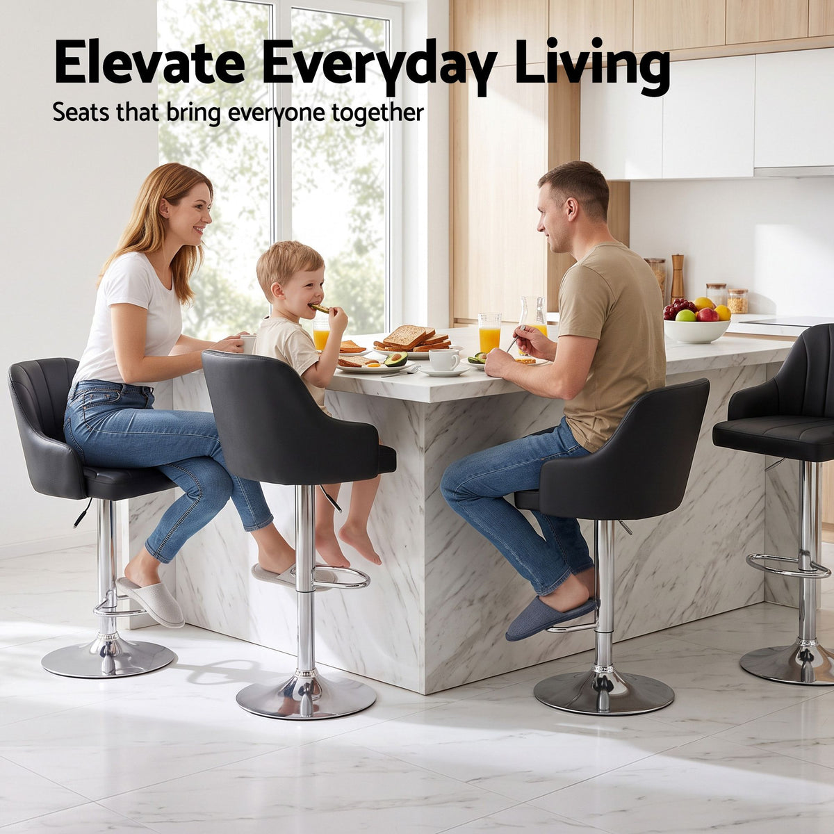 Gas Lift Adjustable Bar Stool with Curved Striped Backrest and PU Leather Seat - Black (Set of 2) - Furniture > Bar Stools & Chairs > Table & Bar Stools - Rivercity House & Home Co. (ABN 18 642 972 209) - Affordable Modern Furniture Australia