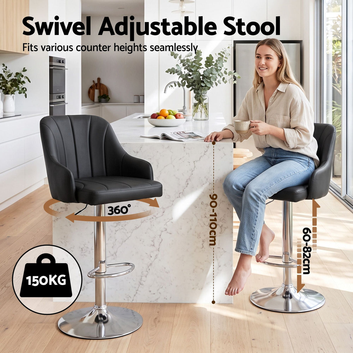 Gas Lift Adjustable Bar Stool with Curved Striped Backrest and PU Leather Seat - Black (Set of 2) - Furniture > Bar Stools & Chairs > Table & Bar Stools - Rivercity House & Home Co. (ABN 18 642 972 209) - Affordable Modern Furniture Australia
