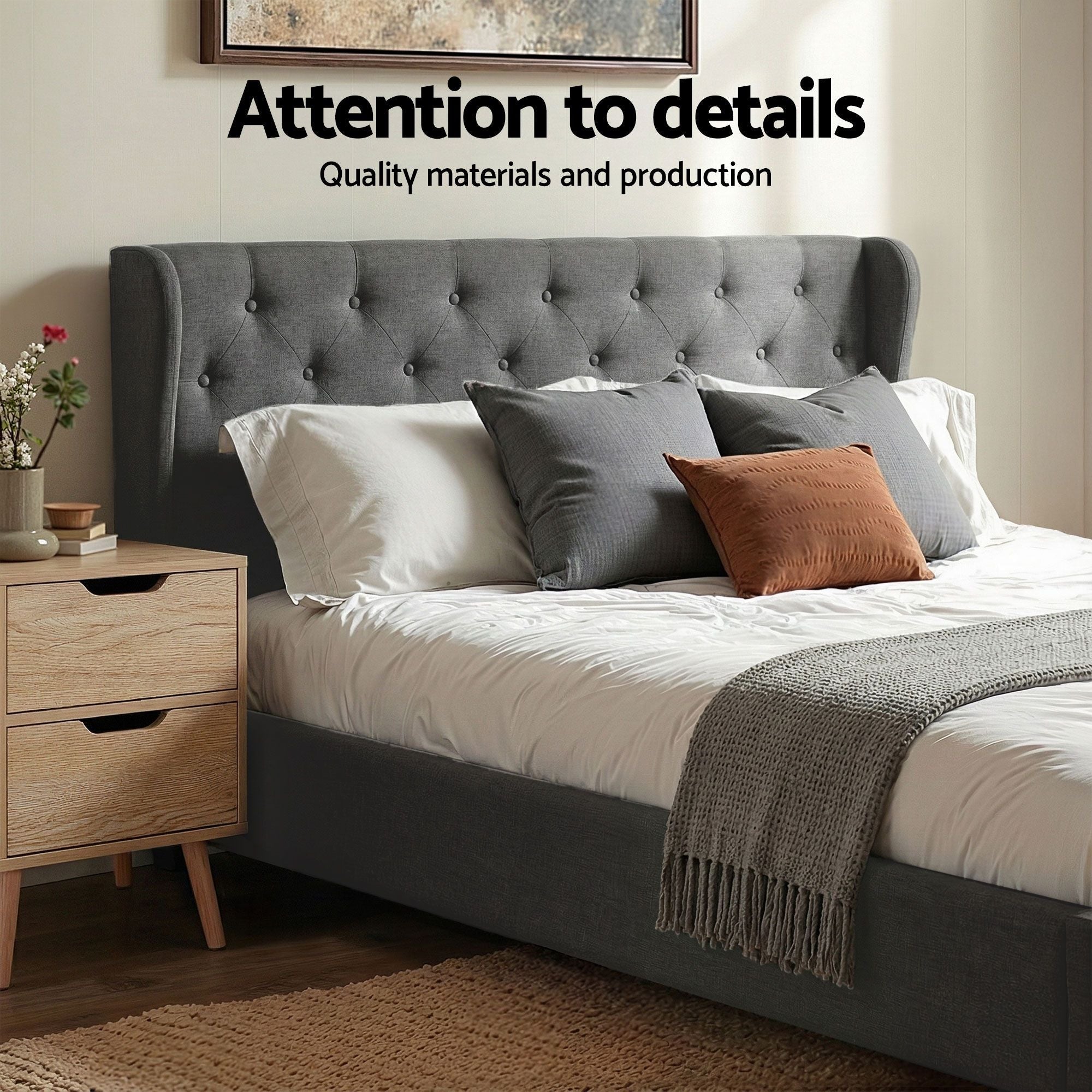 Gas Lift Queen Bed Frame and Bedside Table Set 2 Drawer Nightstand Bedroom Furniture Bundle - Furniture > Bedroom > Beds & Bed Frames - Rivercity House & Home Co. (ABN 18 642 972 209) - Affordable Modern Furniture Australia