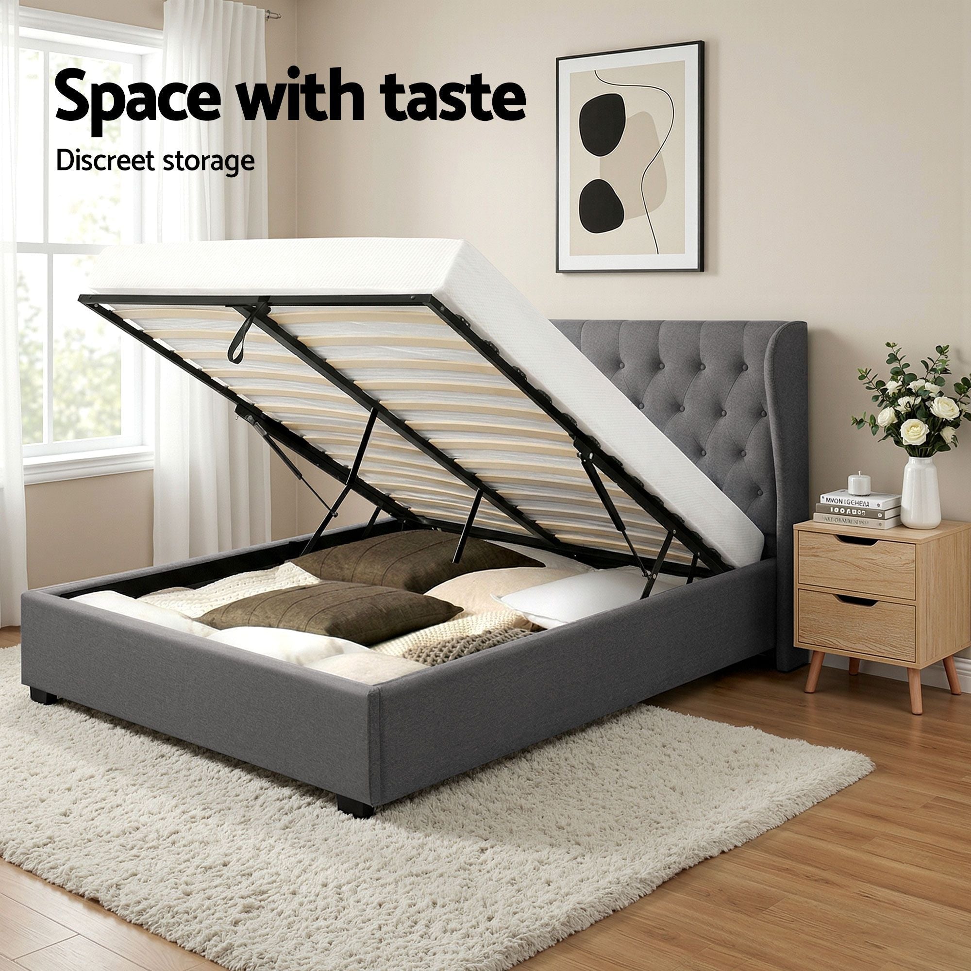 Gas Lift Queen Bed Frame and Bedside Table Set 2 Drawer Nightstand Bedroom Furniture Bundle - Furniture > Bedroom > Beds & Bed Frames - Rivercity House & Home Co. (ABN 18 642 972 209) - Affordable Modern Furniture Australia