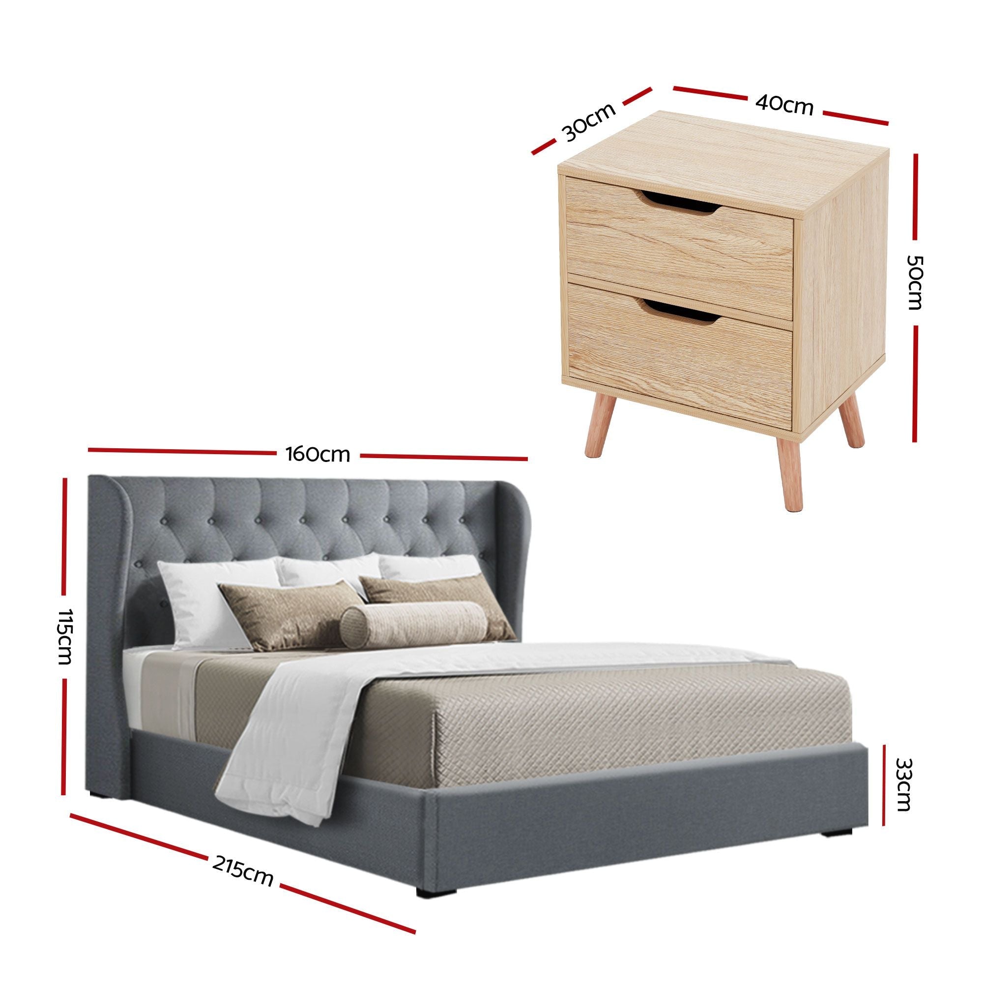 Gas Lift Queen Bed Frame and Bedside Table Set 2 Drawer Nightstand Bedroom Furniture Bundle - Furniture > Bedroom > Beds & Bed Frames - Rivercity House & Home Co. (ABN 18 642 972 209) - Affordable Modern Furniture Australia