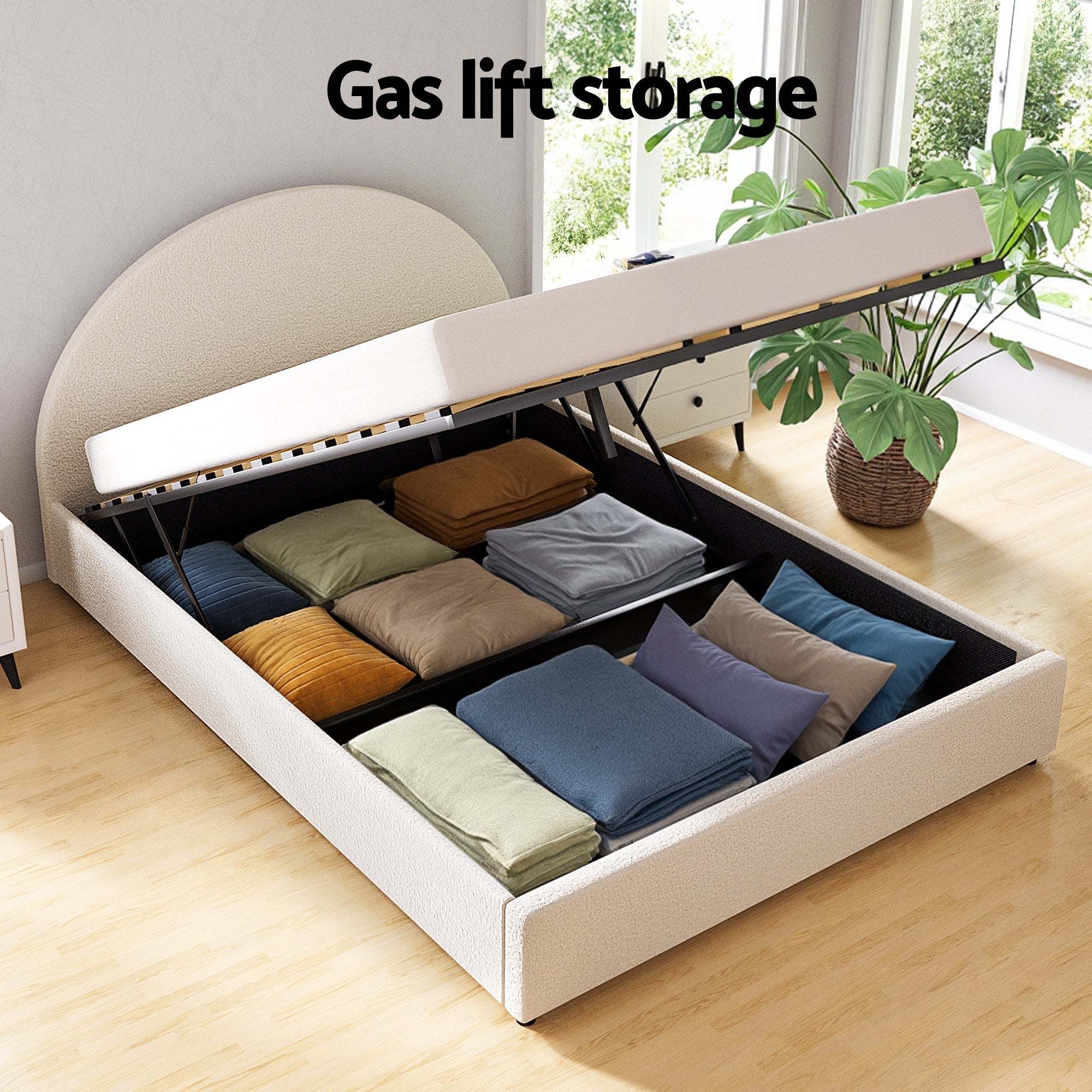 Gas Lift Queen Bed Frame with Bedside Table Set Boucle Fabric Upholstered Platform Bed Nightstand - Furniture > Bedroom > Beds & Bed Frames - Rivercity House & Home Co. (ABN 18 642 972 209) - Affordable Modern Furniture Australia