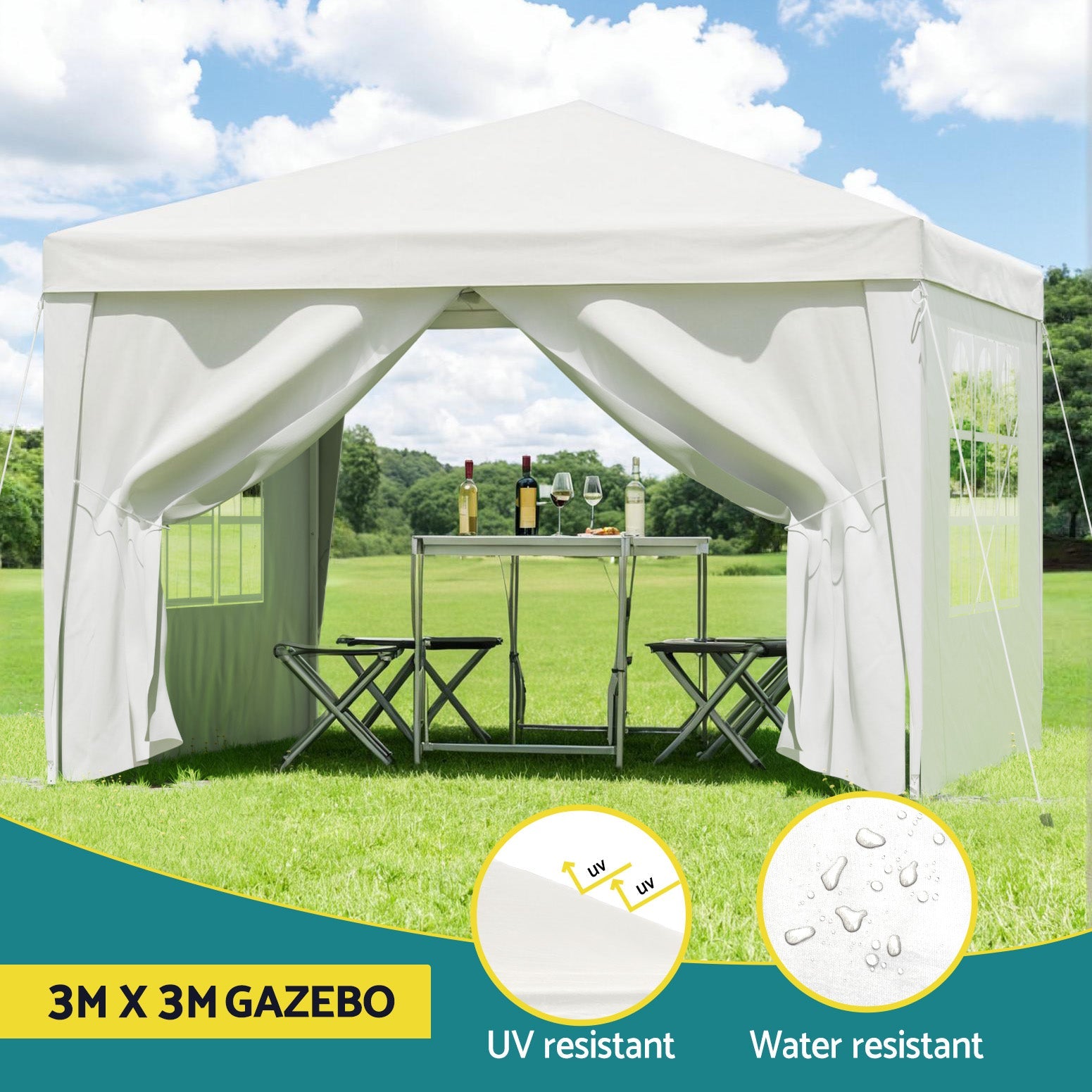 Gazebo 3x3 Pop Up Marquee Folding Tent Wedding Gazebos Camping Outdoor Canopy White - Home & Garden > Shading > Canopies & Gazebos - Rivercity House & Home Co. (ABN 18 642 972 209) - Affordable Modern Furniture Australia