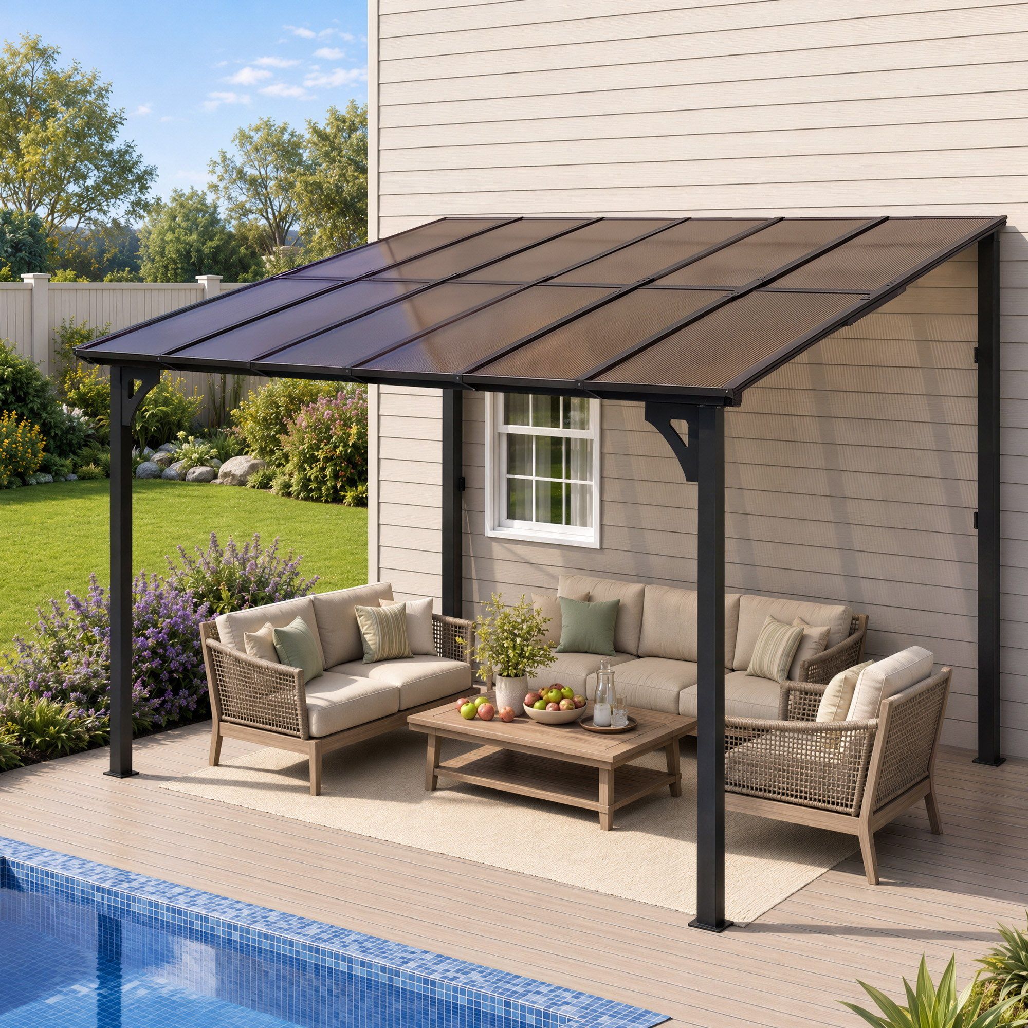 Gazebo Lean-To Pergola Garden Patio Polycarbonate 356cm X 275cm Brown - Home & Garden > Shading > Canopies & Gazebos - Rivercity House & Home Co. (ABN 18 642 972 209) - Affordable Modern Furniture Australia