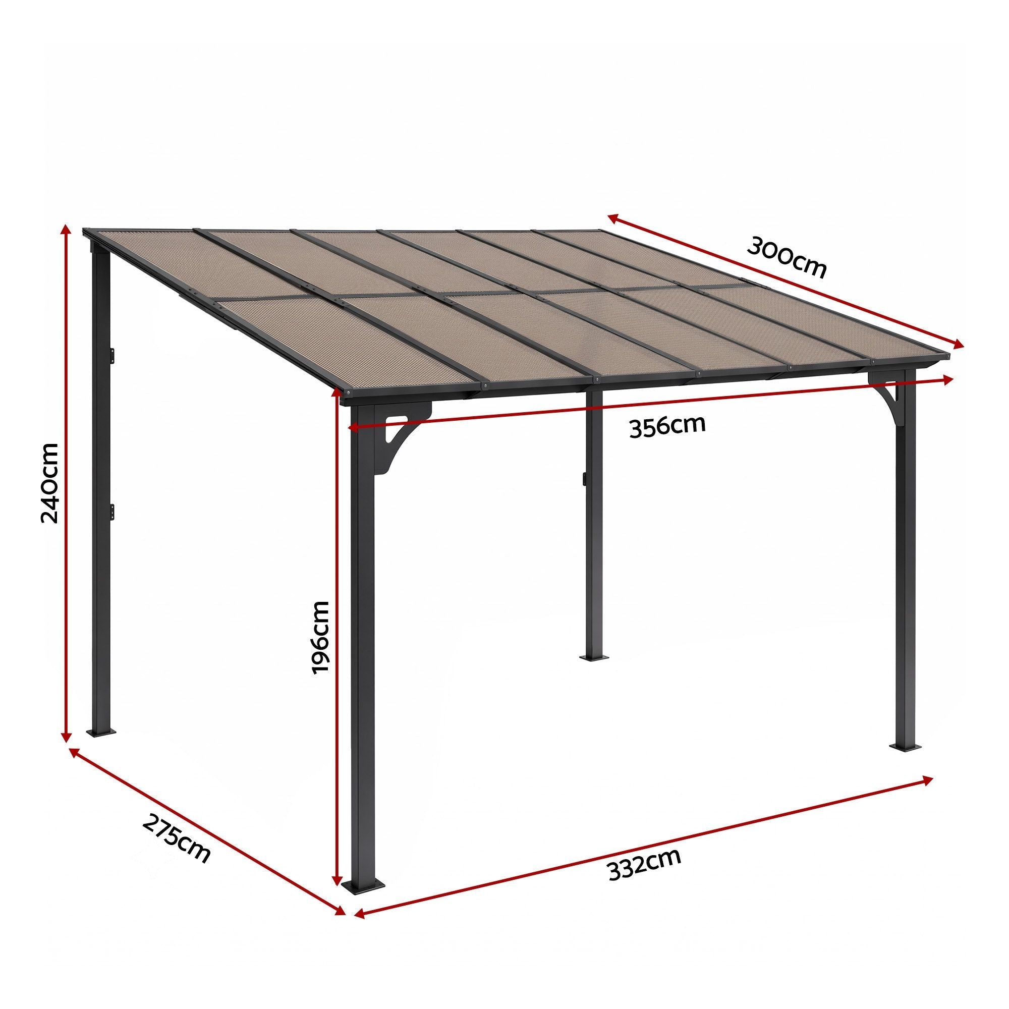 Gazebo Lean-To Pergola Garden Patio Polycarbonate 356cm X 275cm Brown - Home & Garden > Shading > Canopies & Gazebos - Rivercity House & Home Co. (ABN 18 642 972 209) - Affordable Modern Furniture Australia