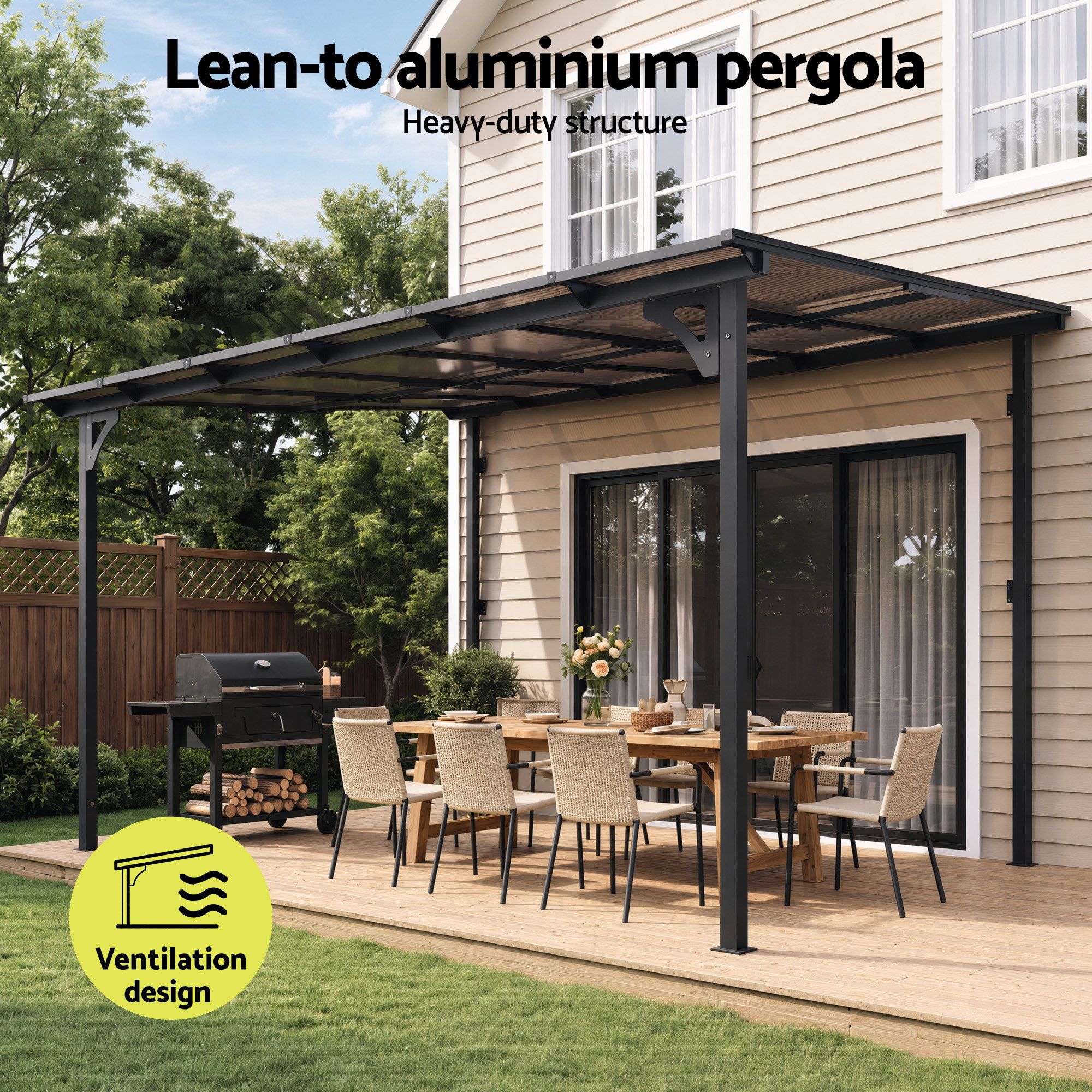Gazebo Lean-To Pergola Garden Patio Polycarbonate 356cm X 275cm Brown - Home & Garden > Shading > Canopies & Gazebos - Rivercity House & Home Co. (ABN 18 642 972 209) - Affordable Modern Furniture Australia
