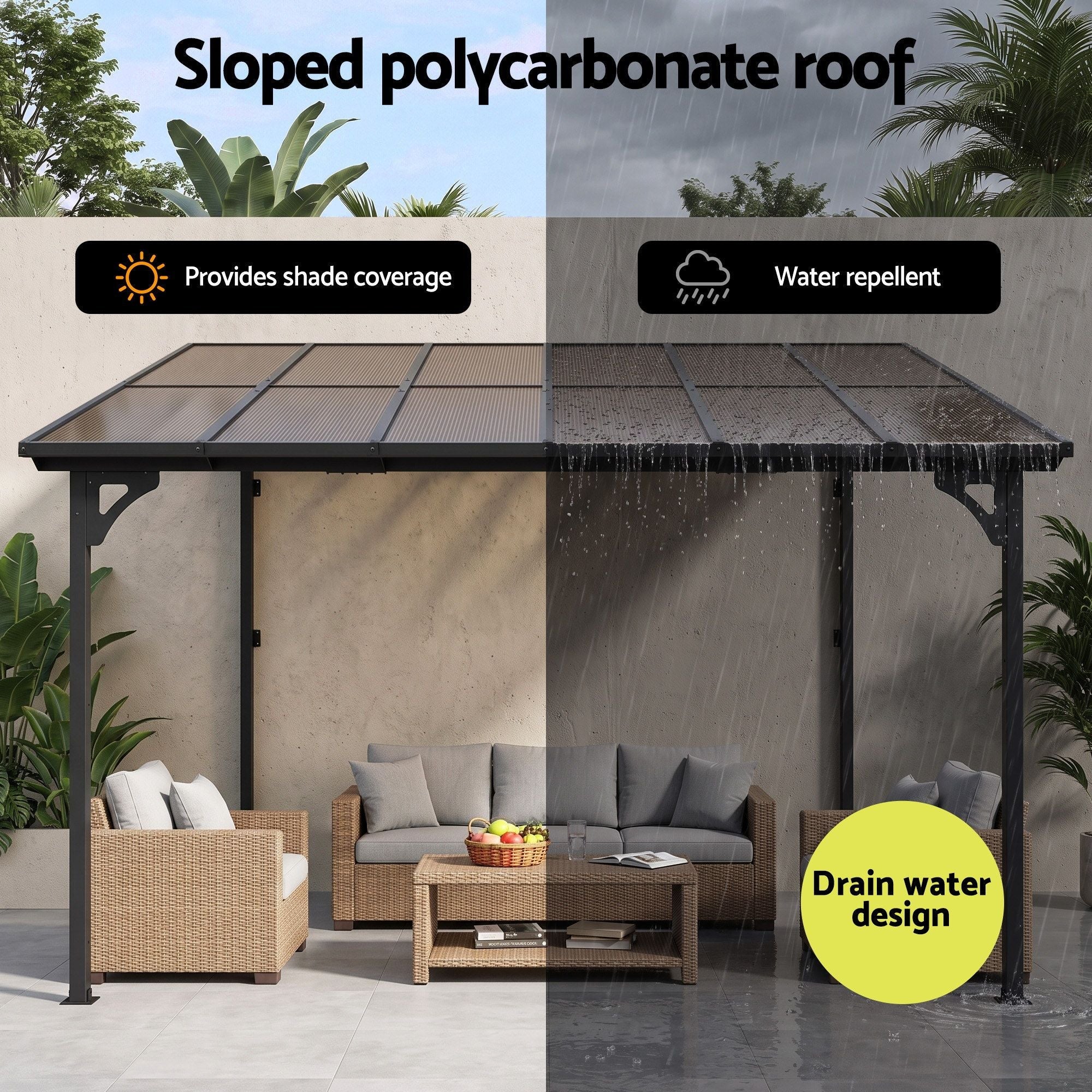 Gazebo Lean-To Pergola Garden Patio Polycarbonate 356cm X 275cm Brown - Home & Garden > Shading > Canopies & Gazebos - Rivercity House & Home Co. (ABN 18 642 972 209) - Affordable Modern Furniture Australia