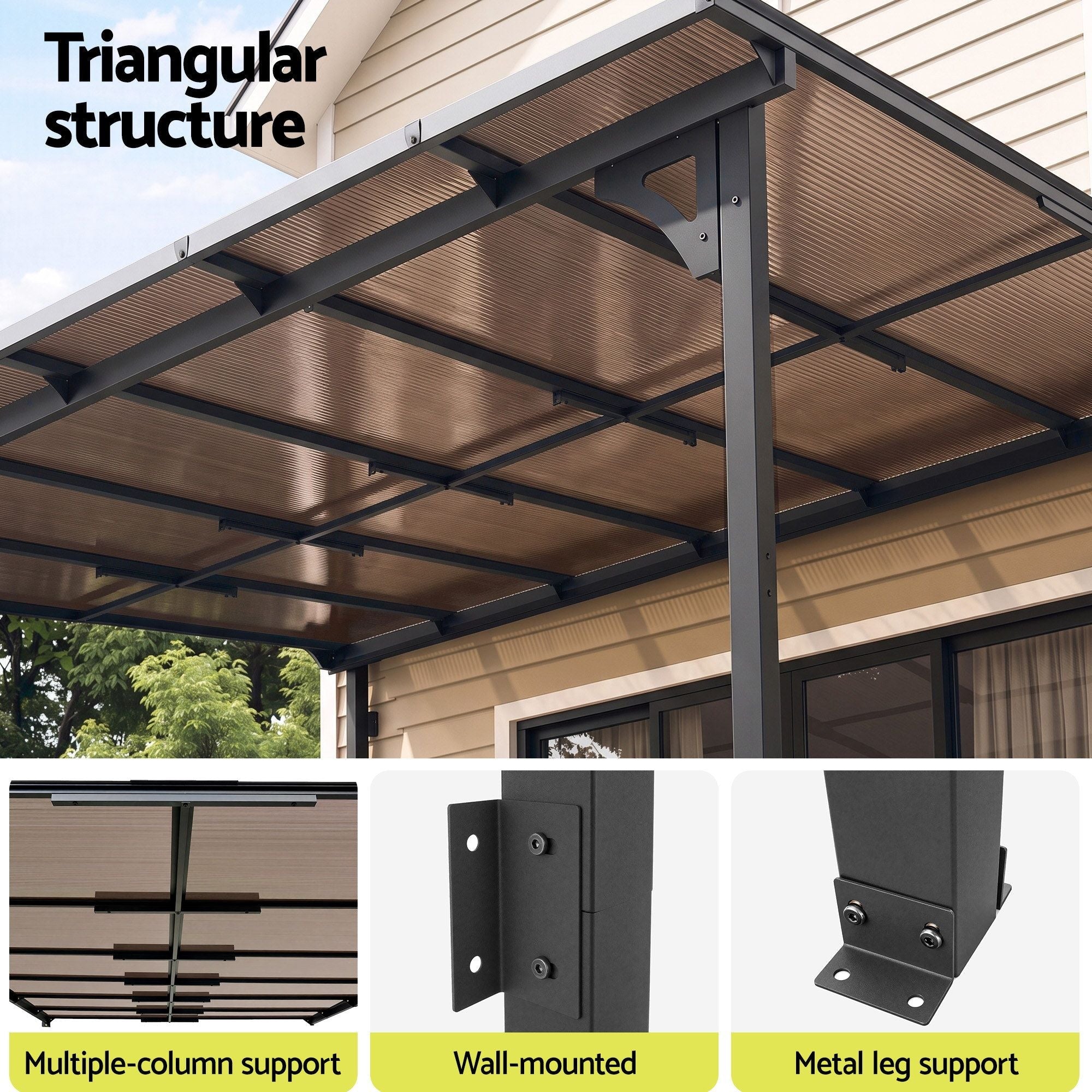 Gazebo Lean-To Pergola Garden Patio Polycarbonate 356cm X 275cm Brown - Home & Garden > Shading > Canopies & Gazebos - Rivercity House & Home Co. (ABN 18 642 972 209) - Affordable Modern Furniture Australia