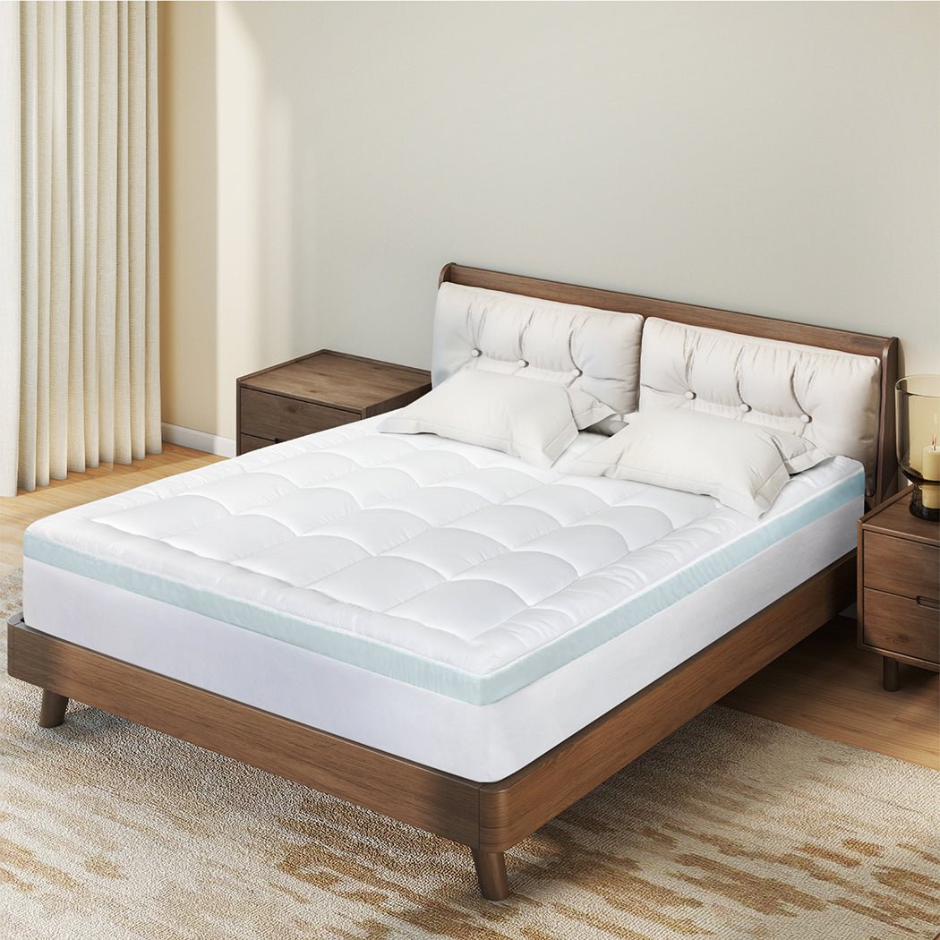 Gel Memory Foam Mattress Topper 8cm Queen Size with Cooling Gel - White and Blue - Rivercity House & Home Co. (ABN 18 642 972 209) - Affordable Modern Furniture Australia