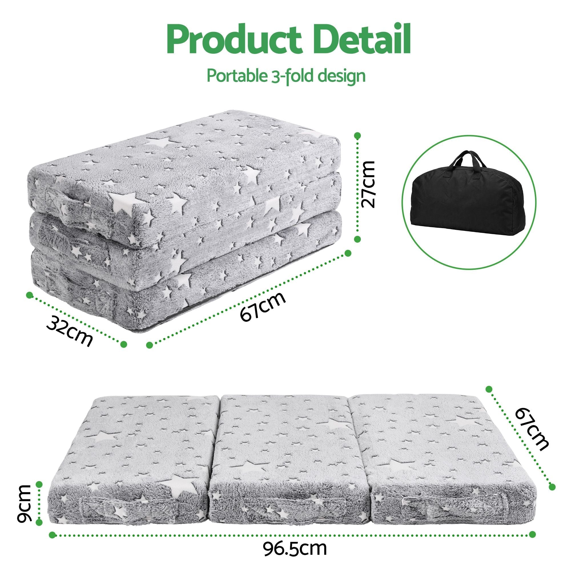 Giselle Bedding Tri-fold Foldable Cot Mattress 96.5x67x9cm with Glow-in-the-Dark Cover - Home & Garden > Bedding > Pillows - Rivercity House & Home Co. (ABN 18 642 972 209) - Affordable Modern Furniture Australia