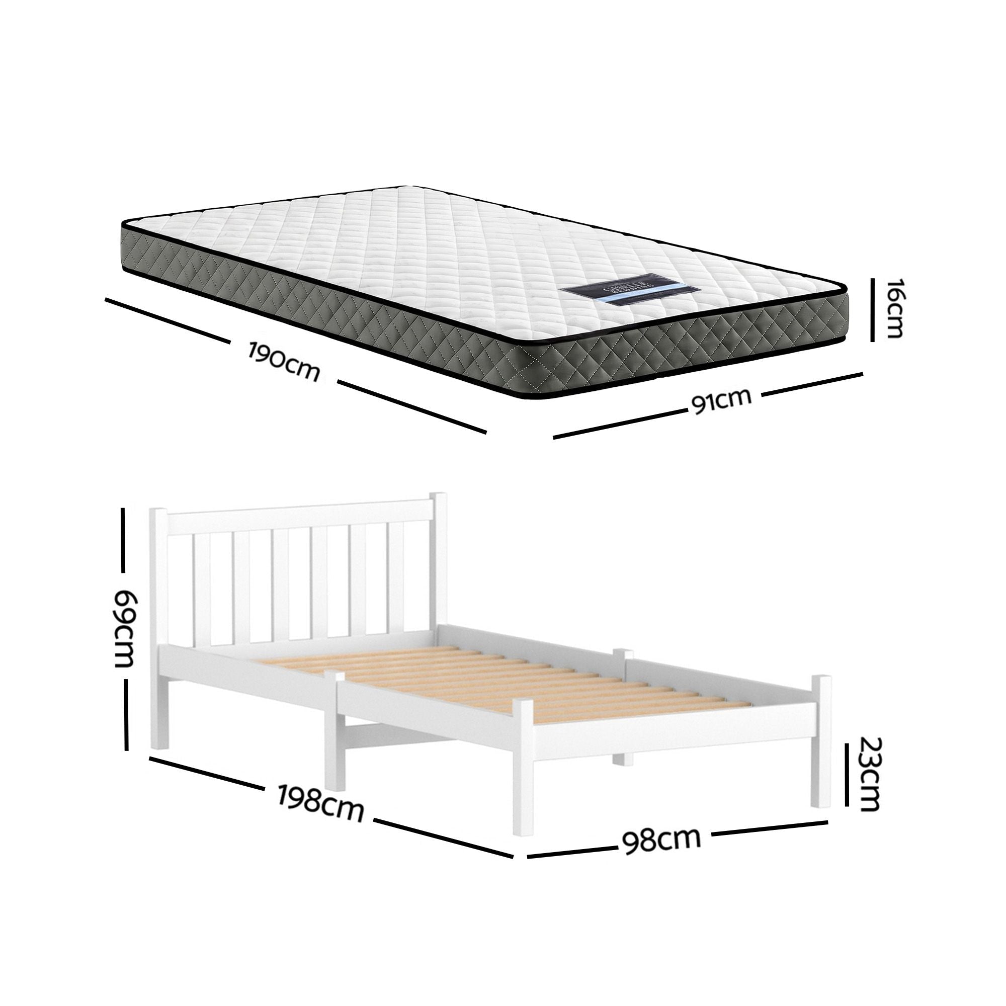 Giselle Single Mattress and Artiss Bed Frame Set White Solid Pine with 16cm Mattress - Furniture > Mattresses > Single Mattress - Rivercity House & Home Co. (ABN 18 642 972 209) - Affordable Modern Furniture Australia