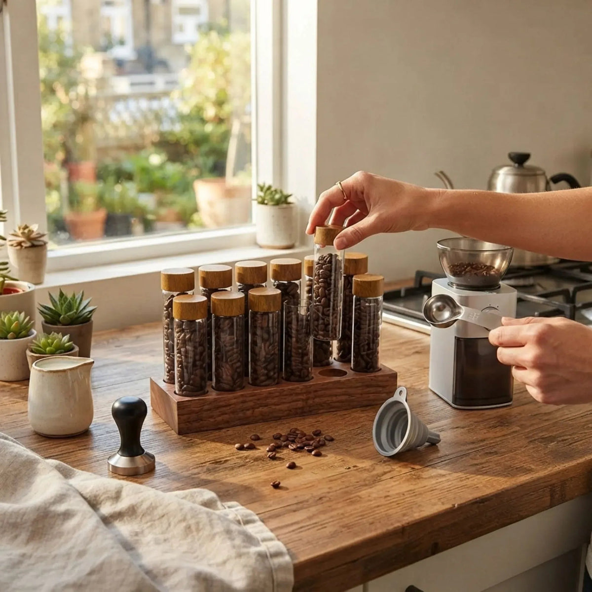 Glass Coffee Bean Storage Tubes 12 Pack with Wooden Stand - Transparent - Home & Garden > Kitchenware > Food Storage - Rivercity House & Home Co. (ABN 18 642 972 209) - Affordable Modern Furniture Australia