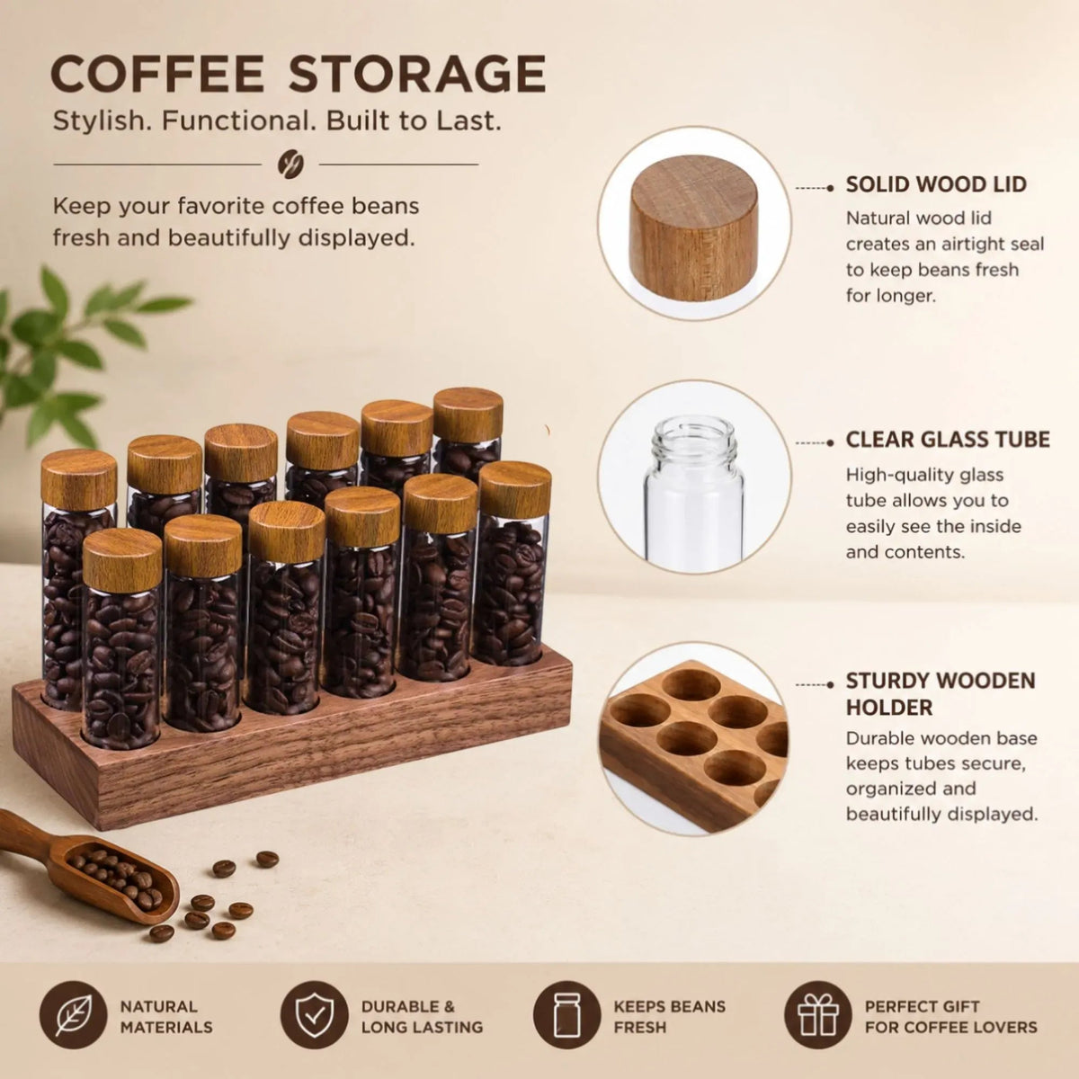Glass Coffee Bean Storage Tubes 12 Pack with Wooden Stand - Transparent - Home & Garden > Kitchenware > Food Storage - Rivercity House & Home Co. (ABN 18 642 972 209) - Affordable Modern Furniture Australia