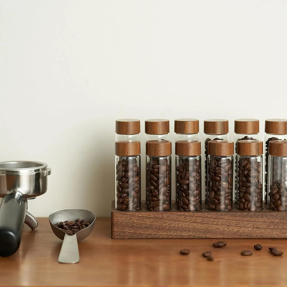 Glass Coffee Bean Storage Tubes 12 Pack with Wooden Stand - Transparent - Home & Garden > Kitchenware > Food Storage - Rivercity House & Home Co. (ABN 18 642 972 209) - Affordable Modern Furniture Australia
