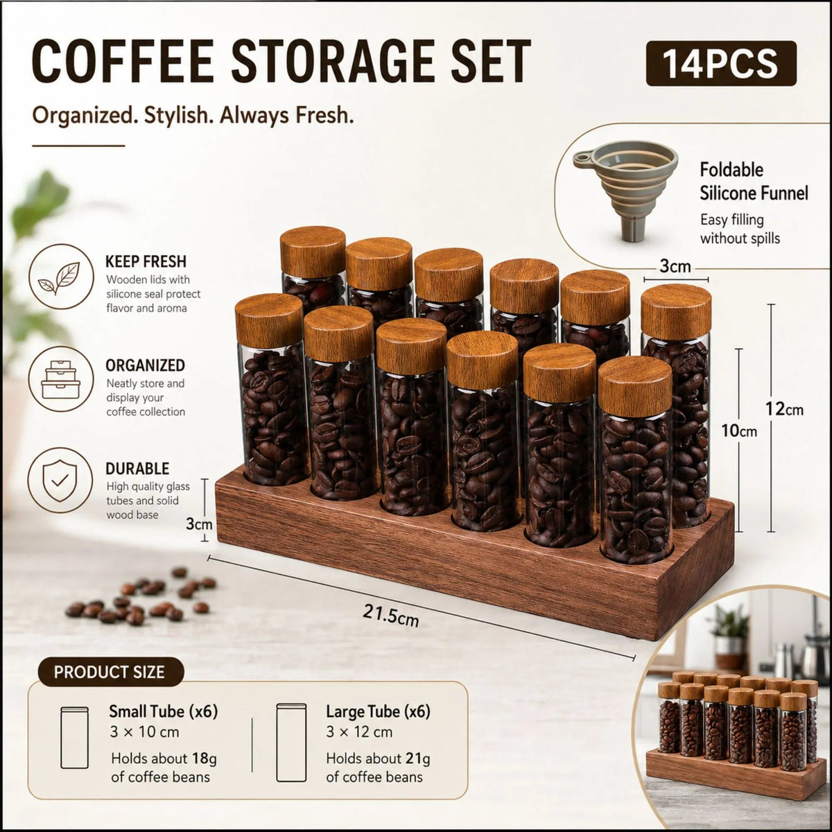 Glass Coffee Bean Storage Tubes 12 Pack with Wooden Stand - Transparent - Home & Garden > Kitchenware > Food Storage - Rivercity House & Home Co. (ABN 18 642 972 209) - Affordable Modern Furniture Australia