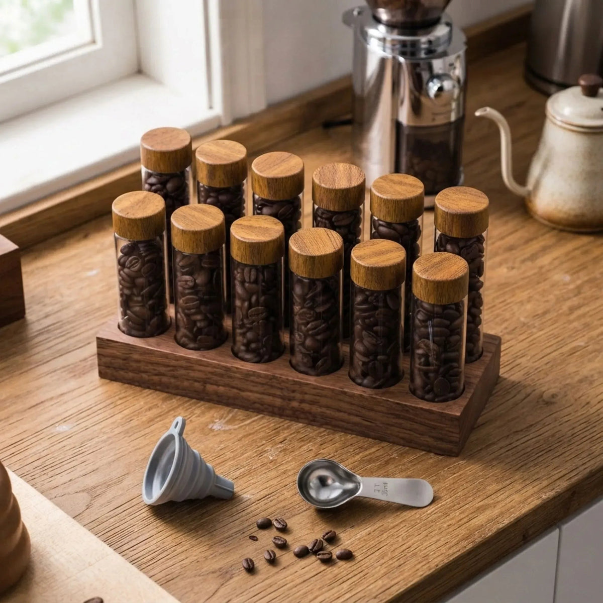 Glass Coffee Bean Storage Tubes 12 Pack with Wooden Stand - Transparent - Home & Garden > Kitchenware > Food Storage - Rivercity House & Home Co. (ABN 18 642 972 209) - Affordable Modern Furniture Australia