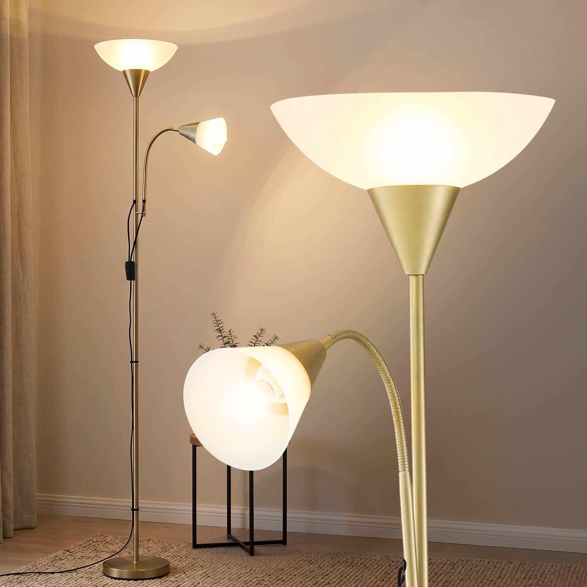 Gold Floor Lamp with Reading Light | Mother and Child Standing Lamp with 360 Flexible Gooseneck, Individual Switch & Plate Shade, E27 & E14 Bulb (Not Included) Home Living Room Office Reading - Home & Garden > Lighting > Floor Lamps - Rivercity House & Home Co. (ABN 18 642 972 209) - Affordable Modern Furniture Australia