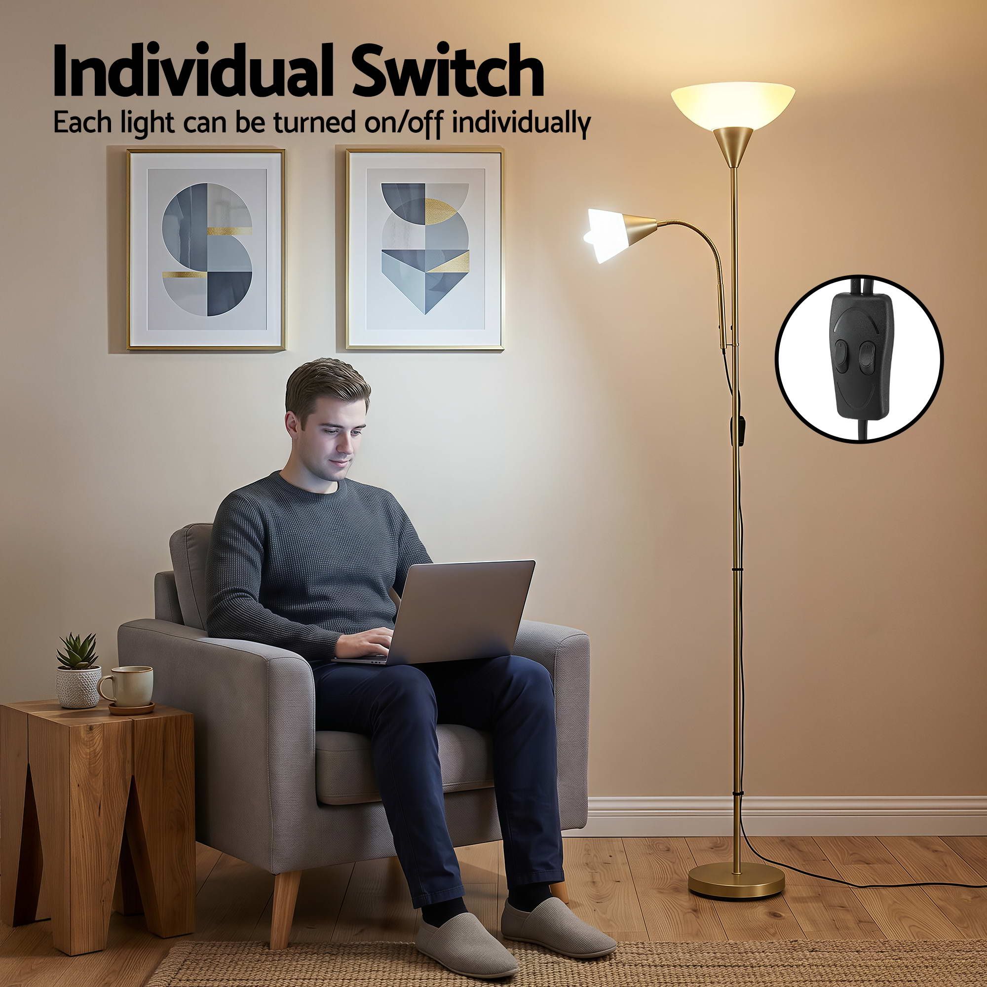 Gold Floor Lamp with Reading Light | Mother and Child Standing Lamp with 360 Flexible Gooseneck, Individual Switch & Plate Shade, E27 & E14 Bulb (Not Included) Home Living Room Office Reading - Home & Garden > Lighting > Floor Lamps - Rivercity House & Home Co. (ABN 18 642 972 209) - Affordable Modern Furniture Australia